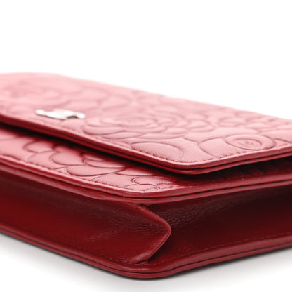 Chanel Lambskin Camellia Embossed Wallet On Chain WOC Red 11 of 12