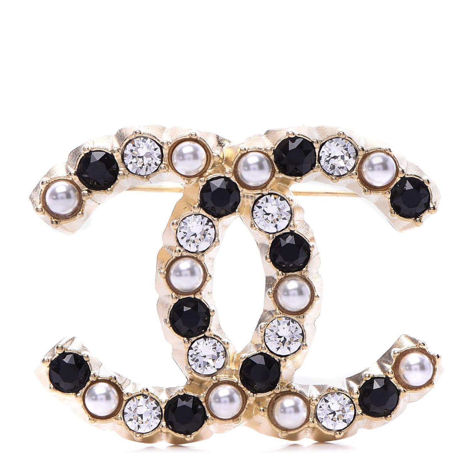 Chanel Pearl Crystal CC Brooch Black Gold 1 of 5