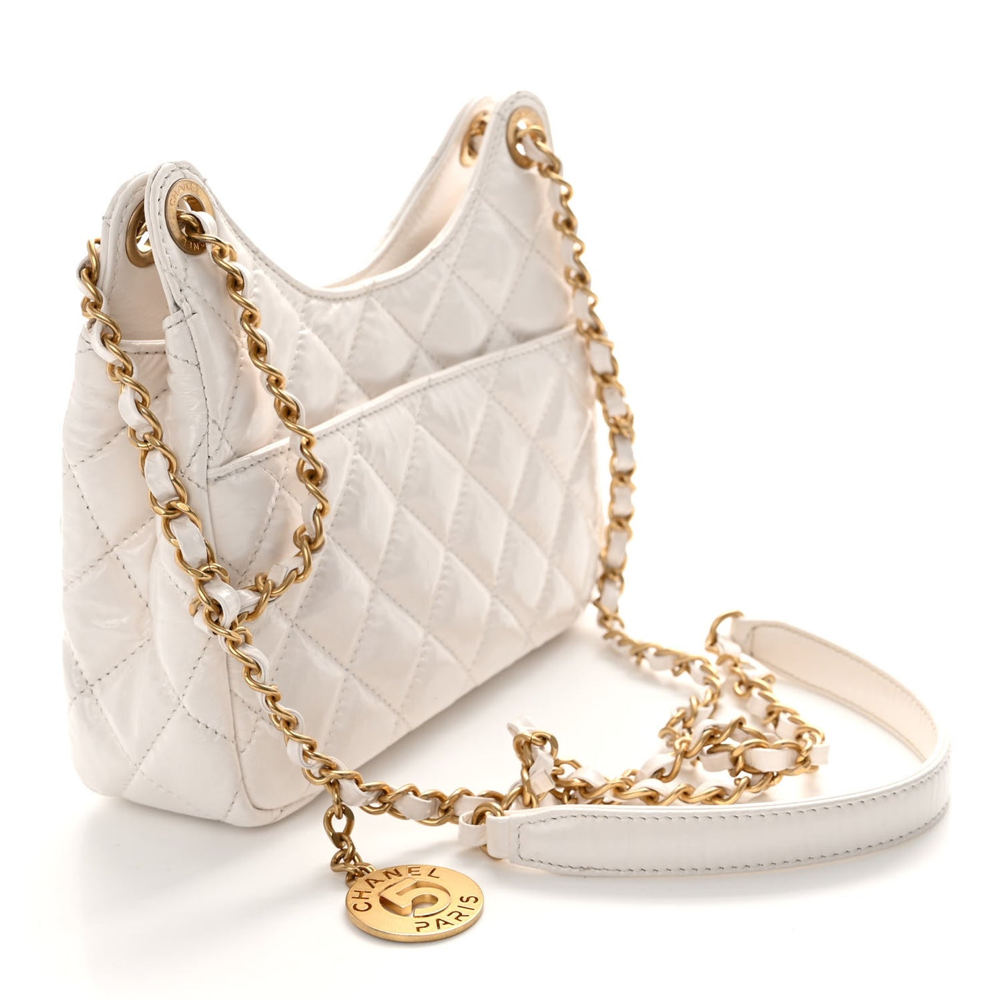 Shiny Crumpled Calfskin Quilted Small Wavy CC Hobo White