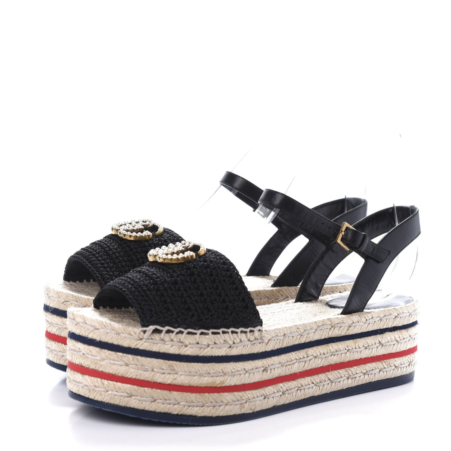Gucci Cotton Malaga Kid Crochet Pearly GG Lilibeth Espadrille Platform Sandals 38 Black 3 of 10