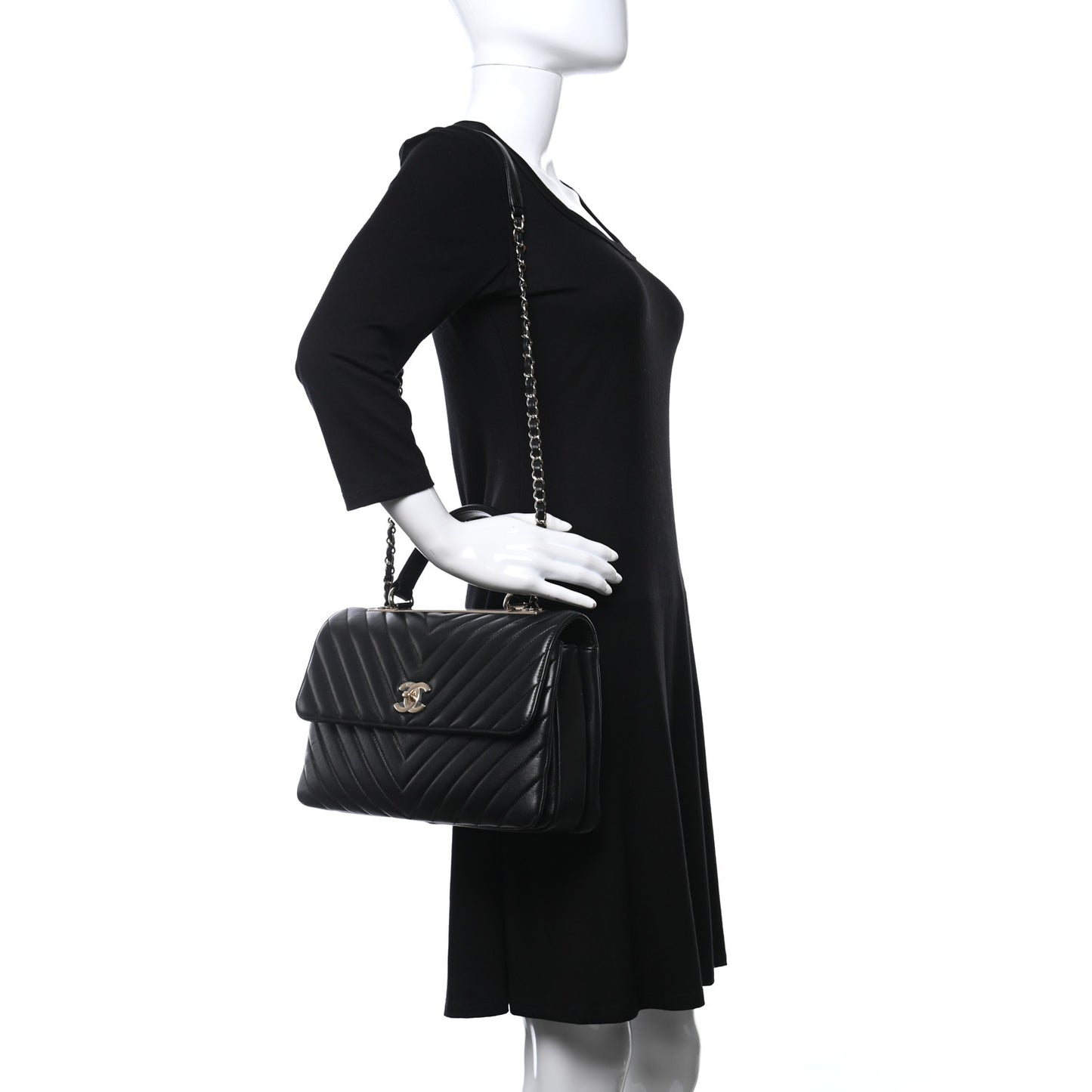 Lambskin Chevron Quilted Medium Trendy CC Dual Handle Flap Bag Black