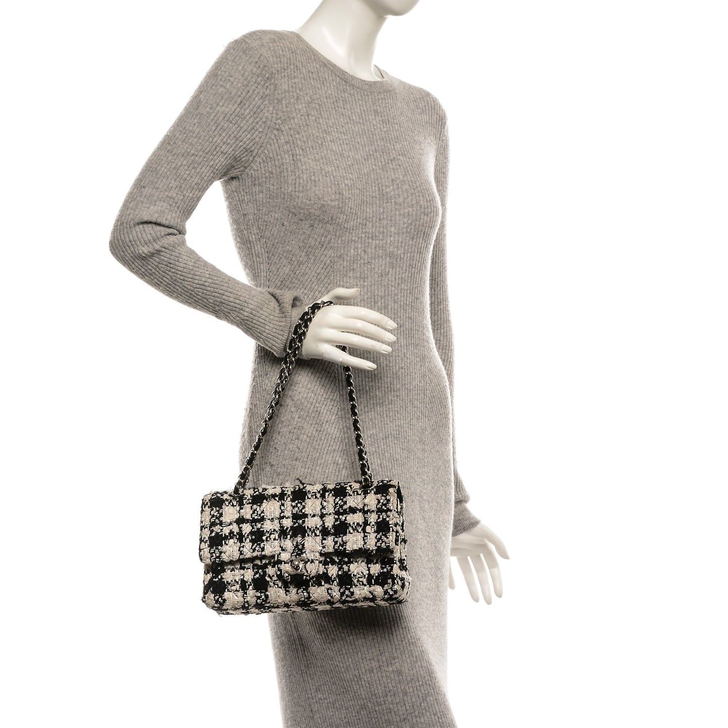 Tweed Medium Double Flap Black White