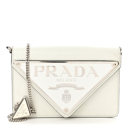 Prada Spazzolato Triangle Logo Plate Flap Chain Crossbody Bag White 1 of 10