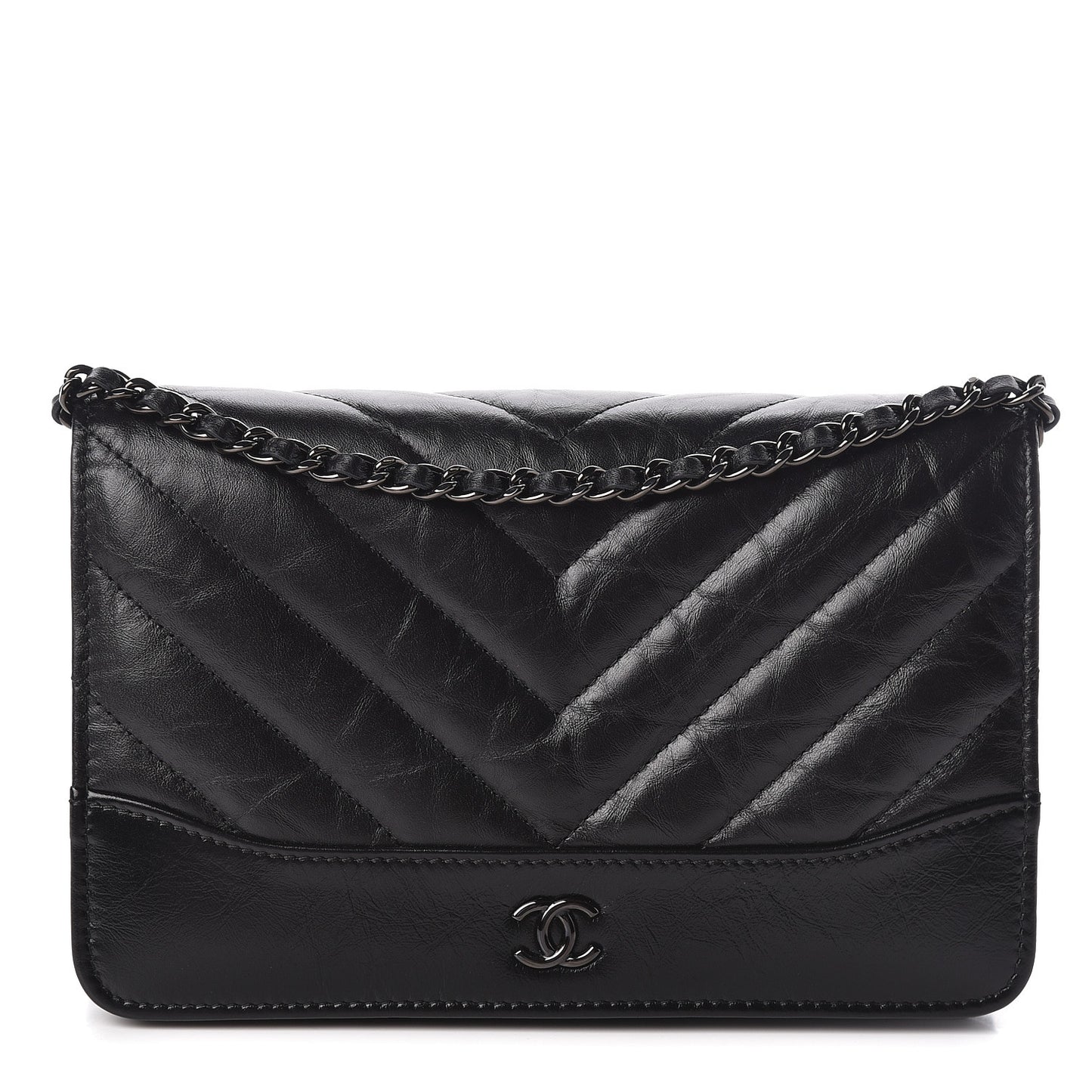 Aged Calfskin Chevron Quilted Gabrielle Wallet On Chain WOC Black