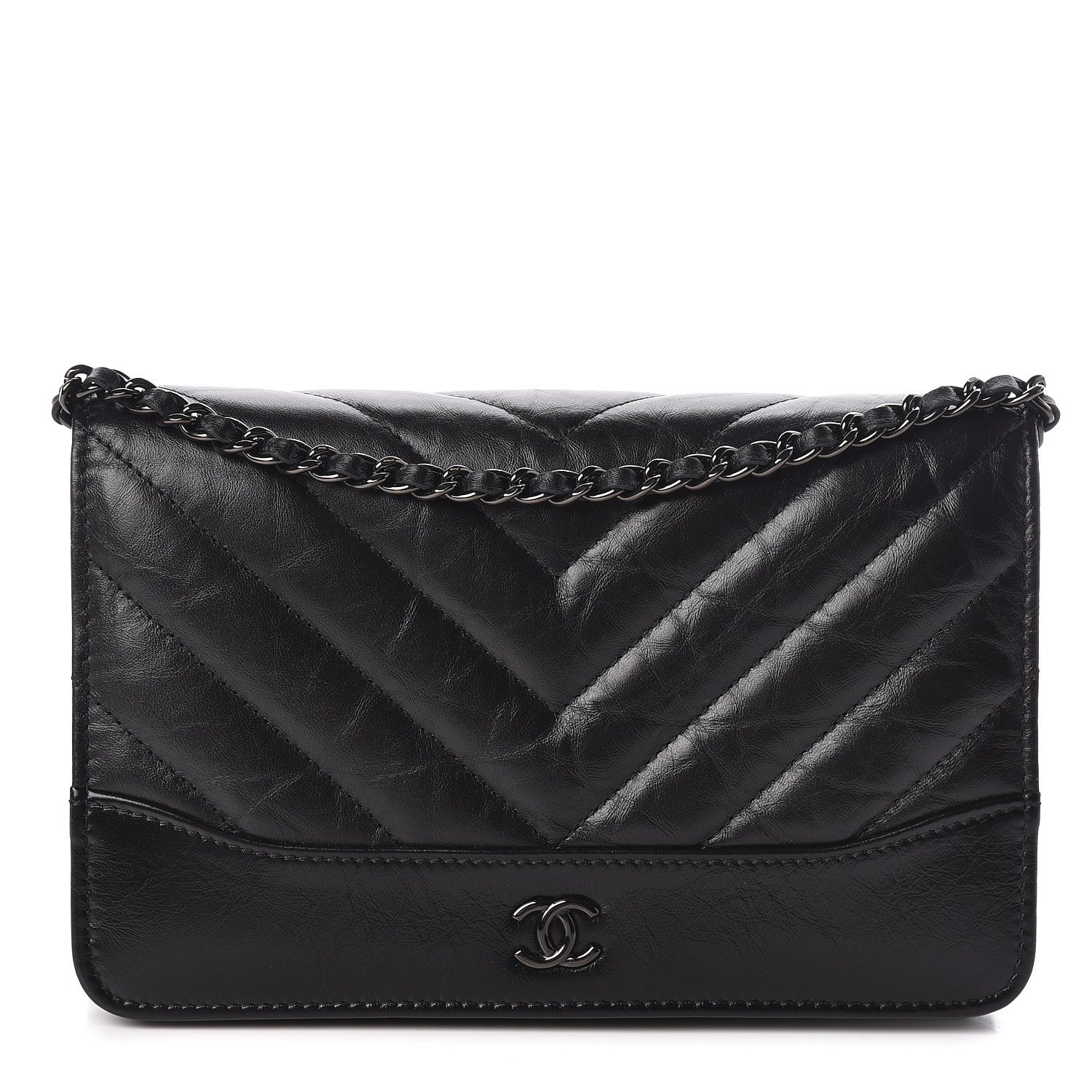 Chanel Aged Calfskin Chevron Quilted Gabrielle Wallet On Chain WOC Black 1 of 12