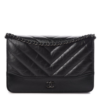 Chanel Aged Calfskin Chevron Quilted Gabrielle Wallet On Chain WOC Black 1 of 12