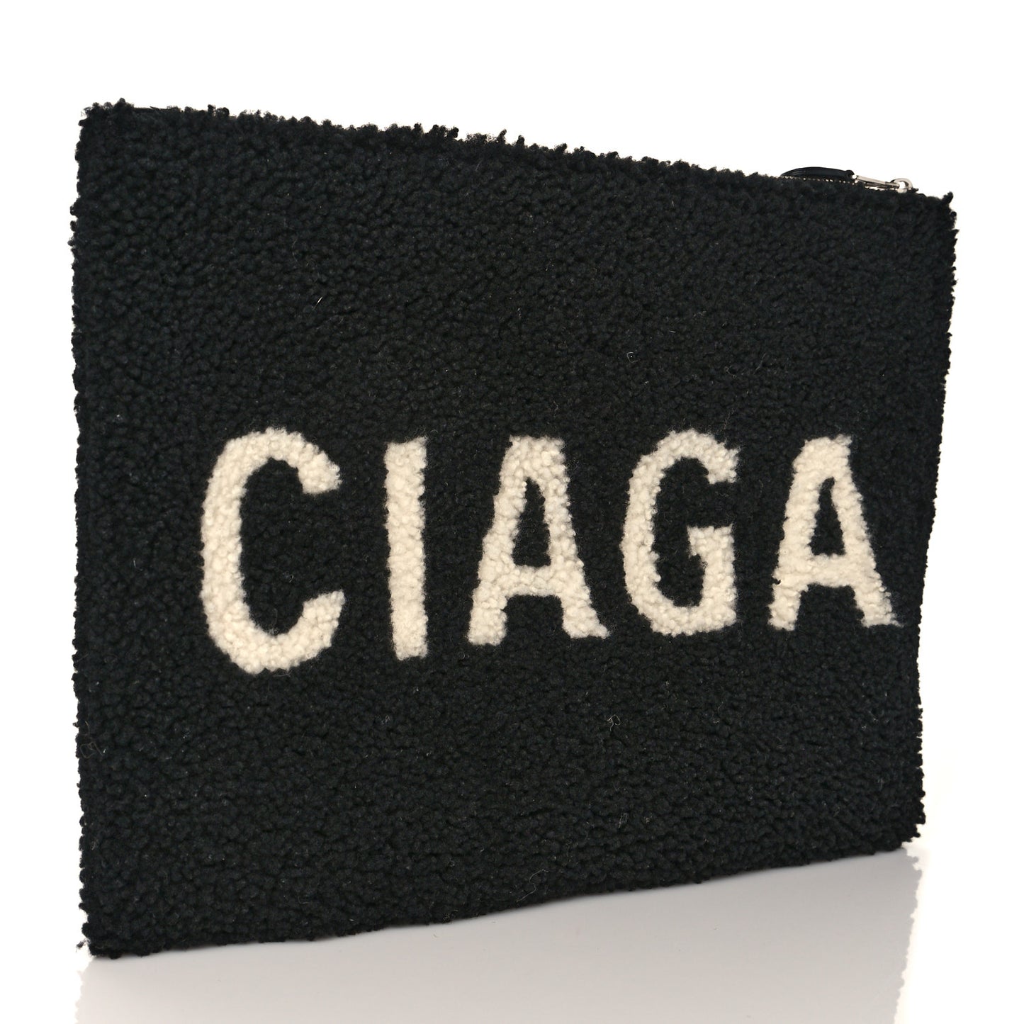 Sheepskin Shearling Contrasted Logo Large Zip Pouch Black