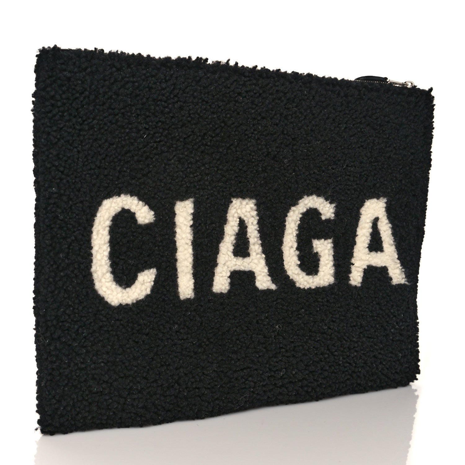 Balenciaga Sheepskin Shearling Contrasted Logo Large Zip Pouch Black 3 of 9