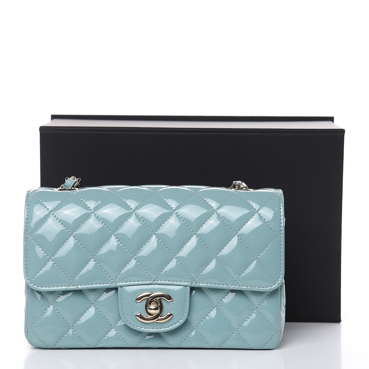Patent Calfskin Quilted Mini Rectangular Flap Light Blue