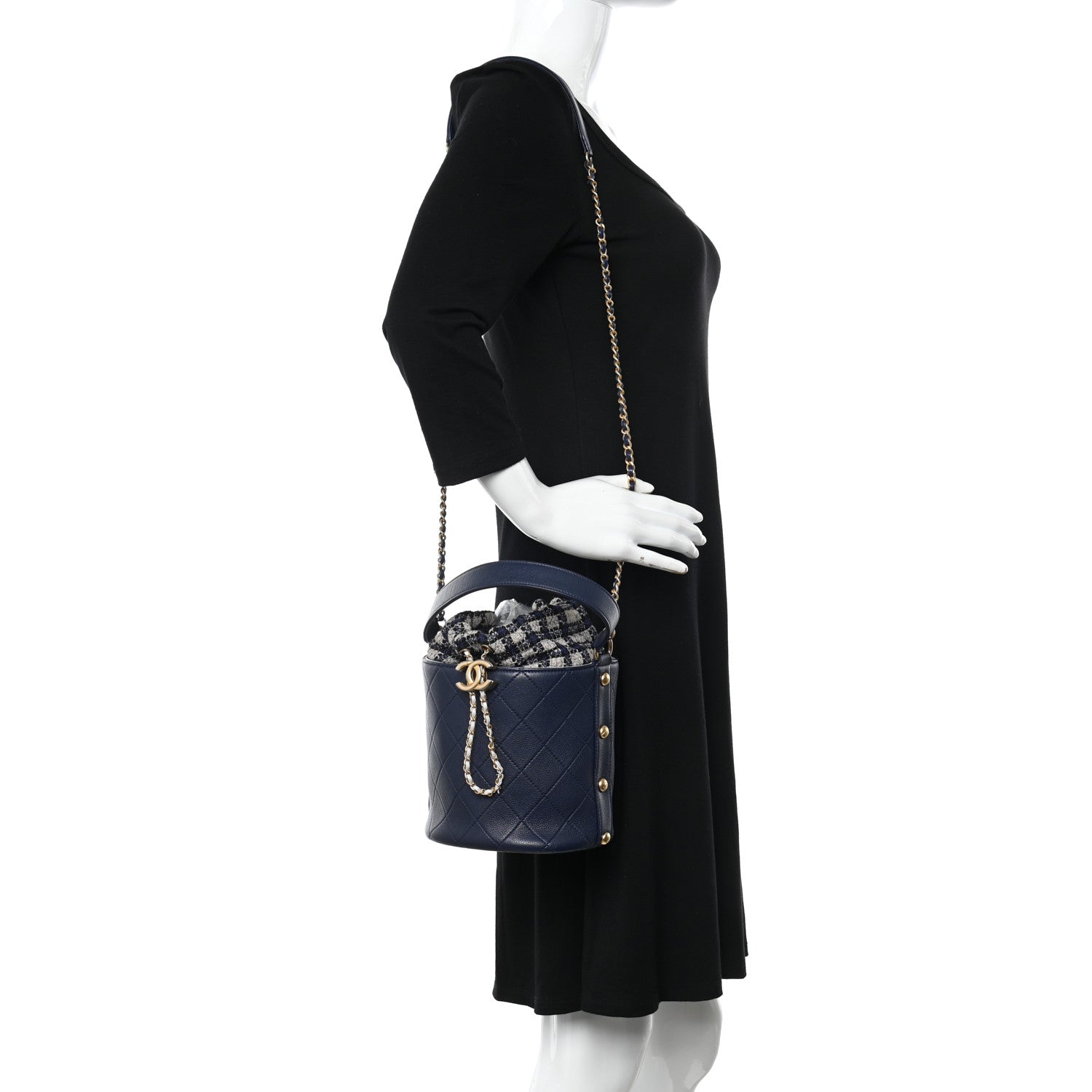 Chanel Calfskin Tweed Medium CC Chain Bucket Drawstring Bag Navy Blue Multicolor 2 of 10