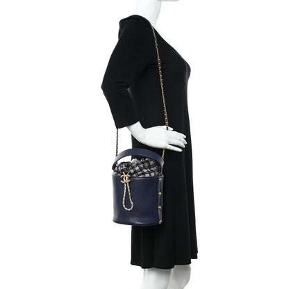 Chanel Calfskin Tweed Medium CC Chain Bucket Drawstring Bag Navy Blue Multicolor 2 of 10