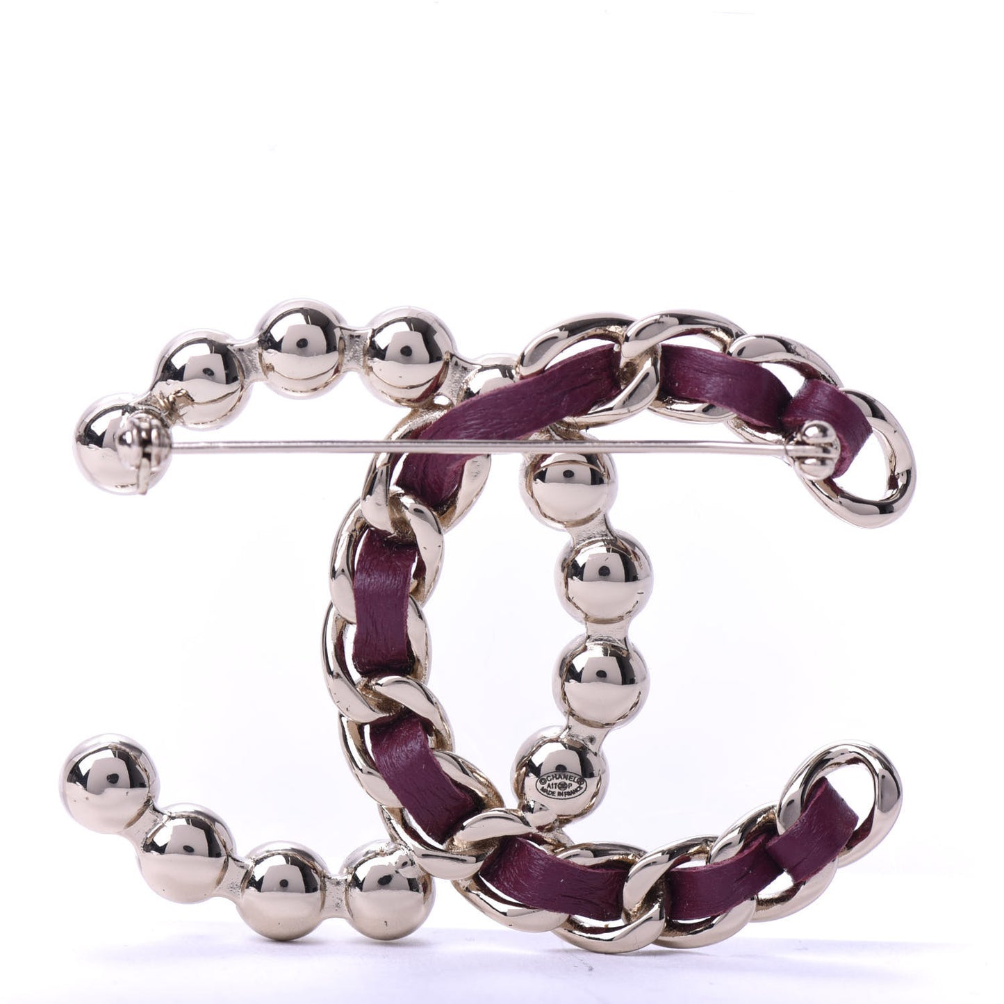 Lambskin Pearl CC Chain Brooch Red Gold
