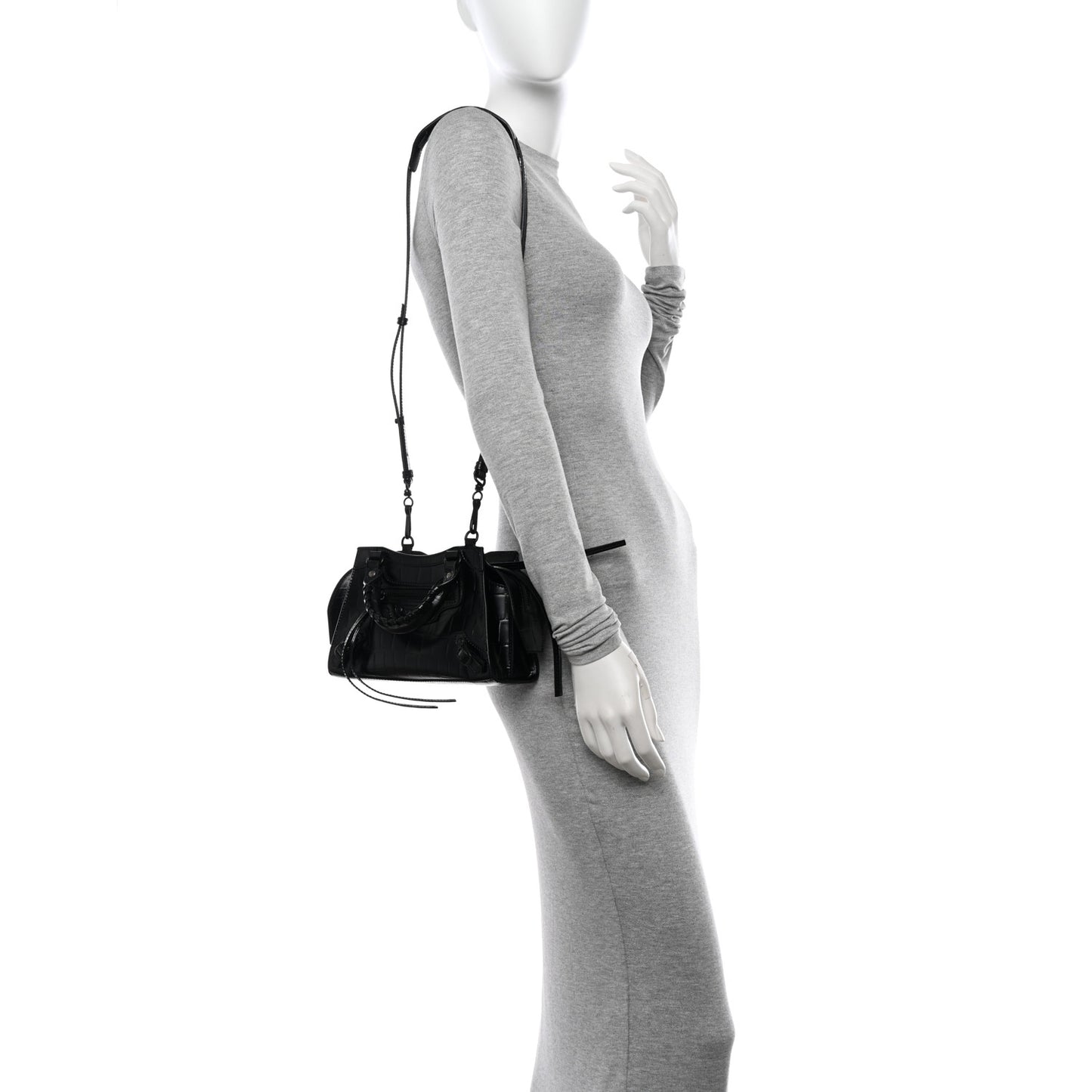 Semi Shiny Calfskin Crocodile Embossed Neo Classic Black Hardware Mini City Black