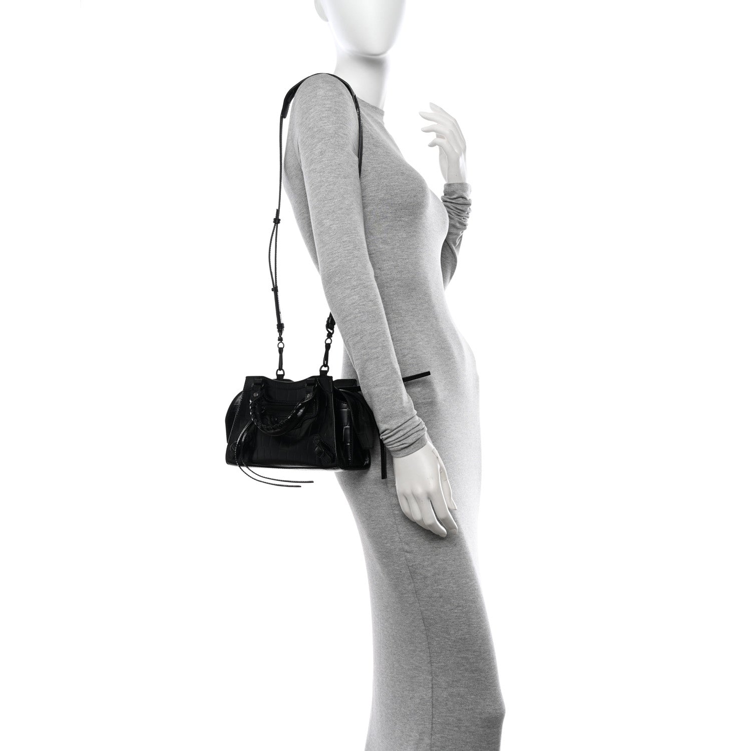 Balenciaga Semi Shiny Calfskin Crocodile Embossed Neo Classic Black Hardware Mini City Black 3 of 11