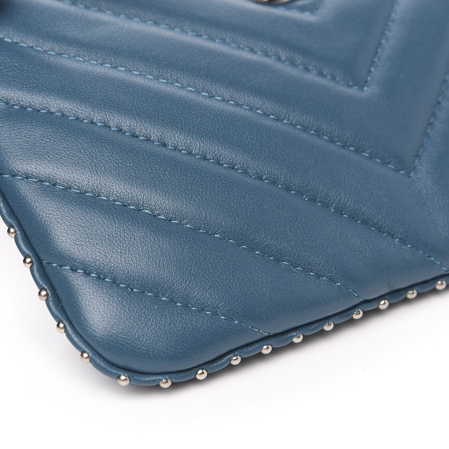 Chanel Lambskin Chevron Quilted Studded Small Cosmetic Case Blue 7 of 7