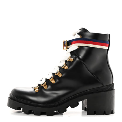 Gucci Calfskin Sylvie Web Womens Lace Up Combat Boots 40.5 Black 1 of 12