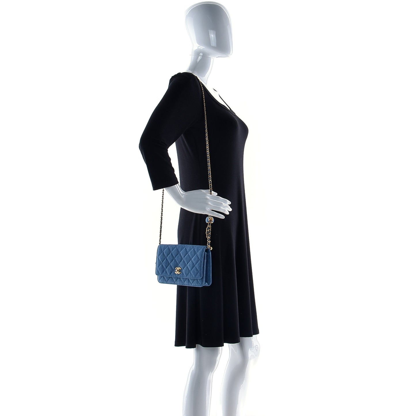 Denim Quilted CC Pearl Crush Wallet On Chain WOC Blue