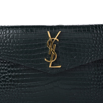 Saint Laurent Calfskin Crocodile Embossed Uptown Monogram Clutch Dark Green 8 of 9