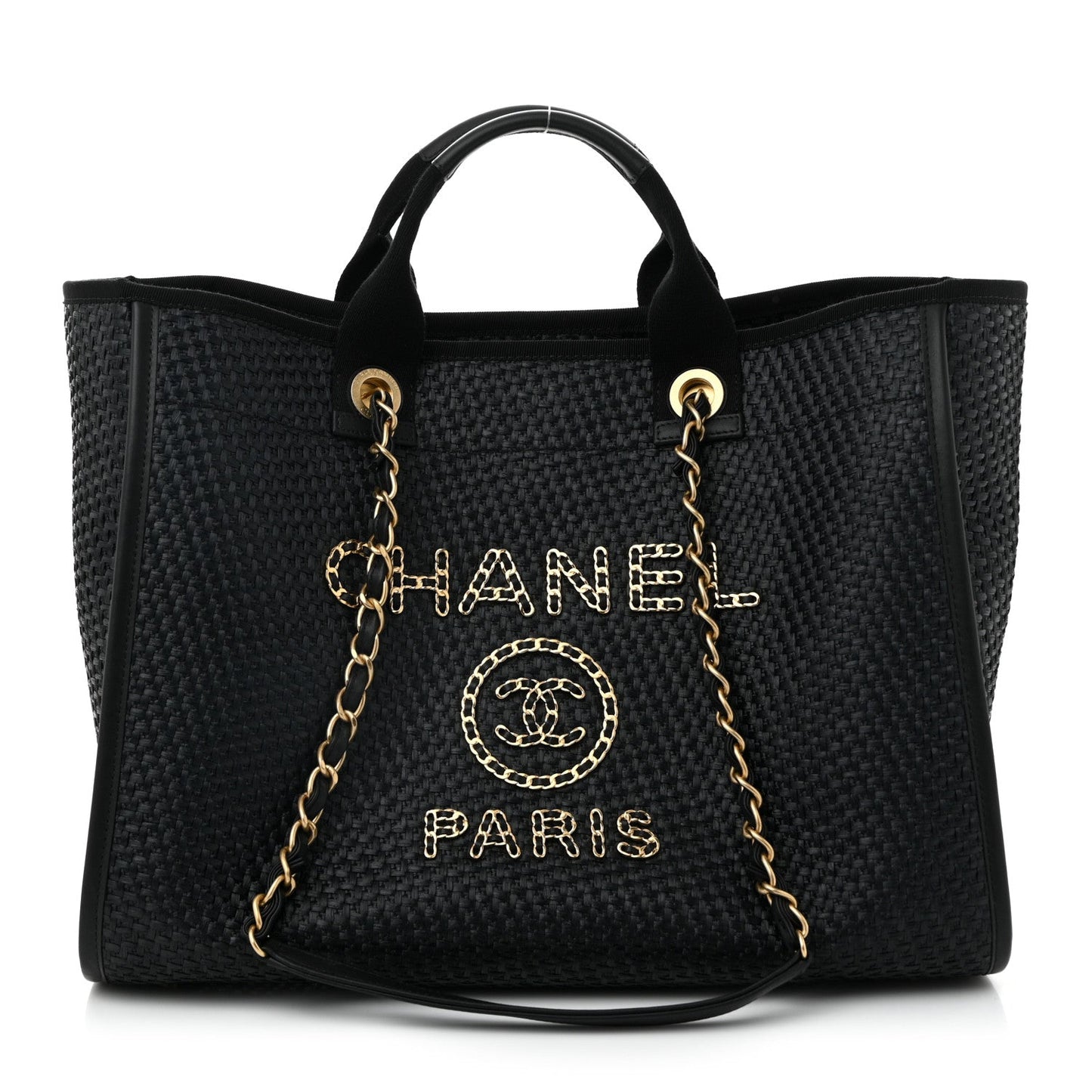 Straw Raffia Calfskin Chain Medium Deauville Tote Black