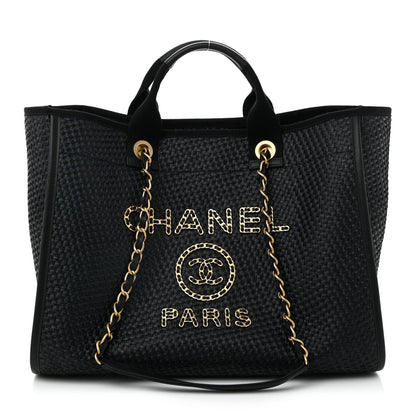 Chanel Straw Raffia Calfskin Chain Medium Deauville Tote Black 1 of 12