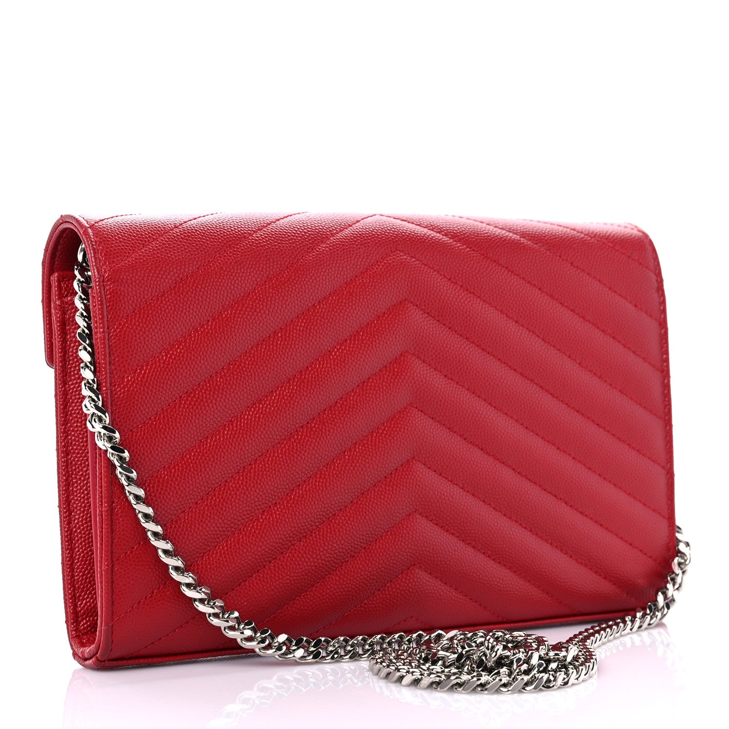 Saint Laurent Grain De Poudre Matelasse Chevron Monogram Chain Wallet New Red 2 of 13