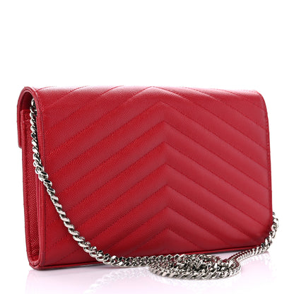 Saint Laurent Grain De Poudre Matelasse Chevron Monogram Chain Wallet New Red 2 of 13