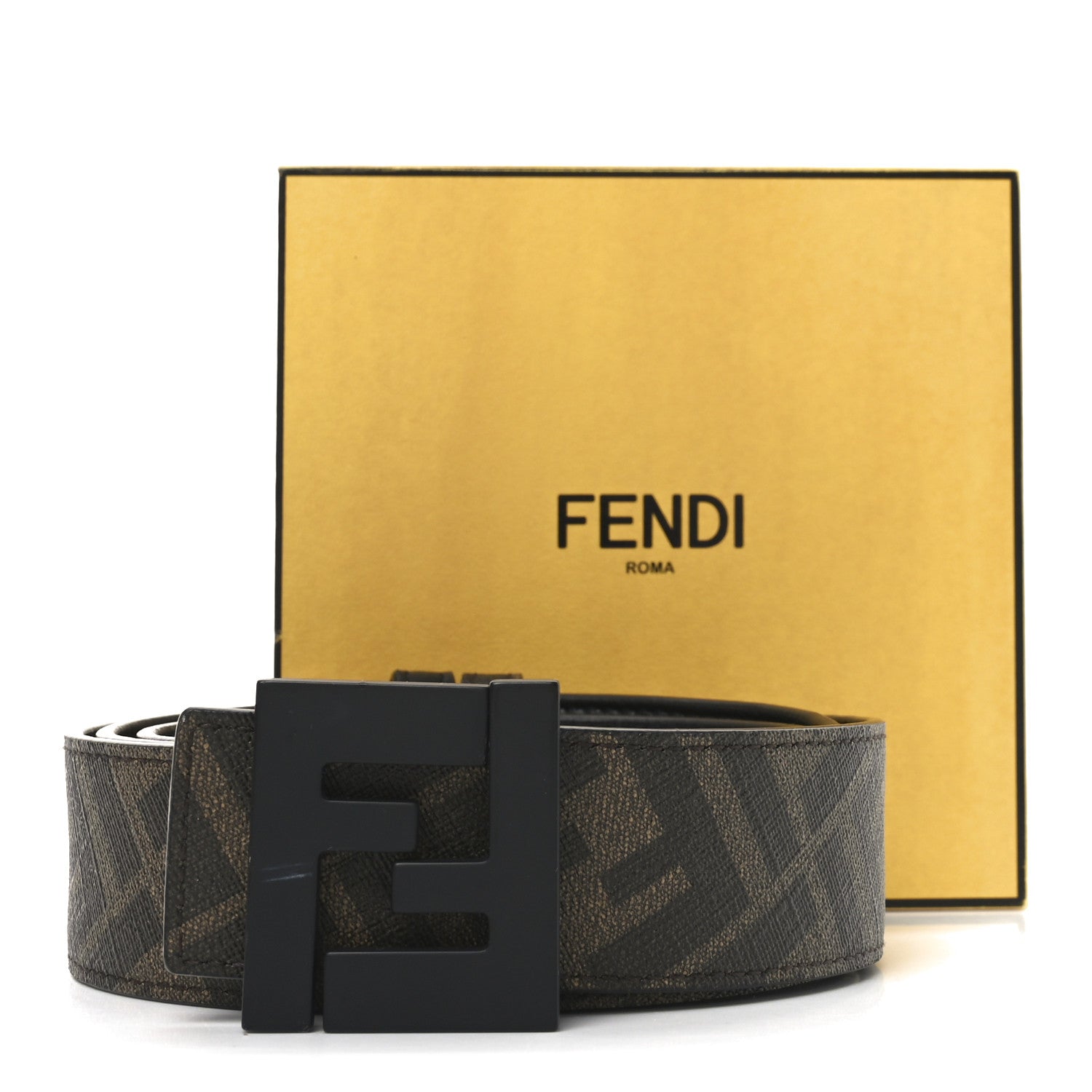 Fendi Cuoio Romano Glazed Fabric Enamel FF 1974 Reversible Belt 100 40 Black 6 of 6