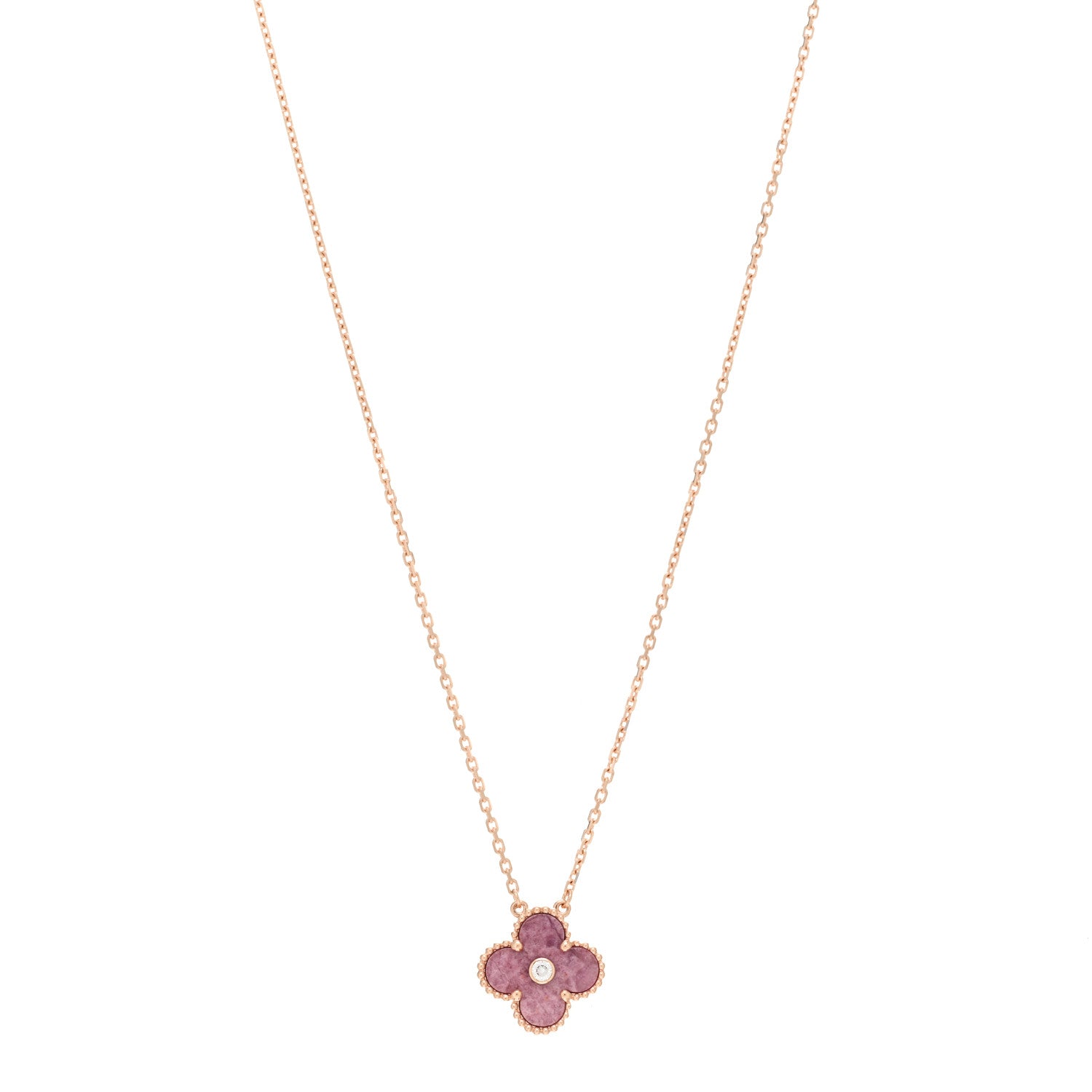 Van Cleef & Arpels 18K Rose Gold Diamond Rhodonite Vintage Alhambra Pendant Necklace 1 of 5