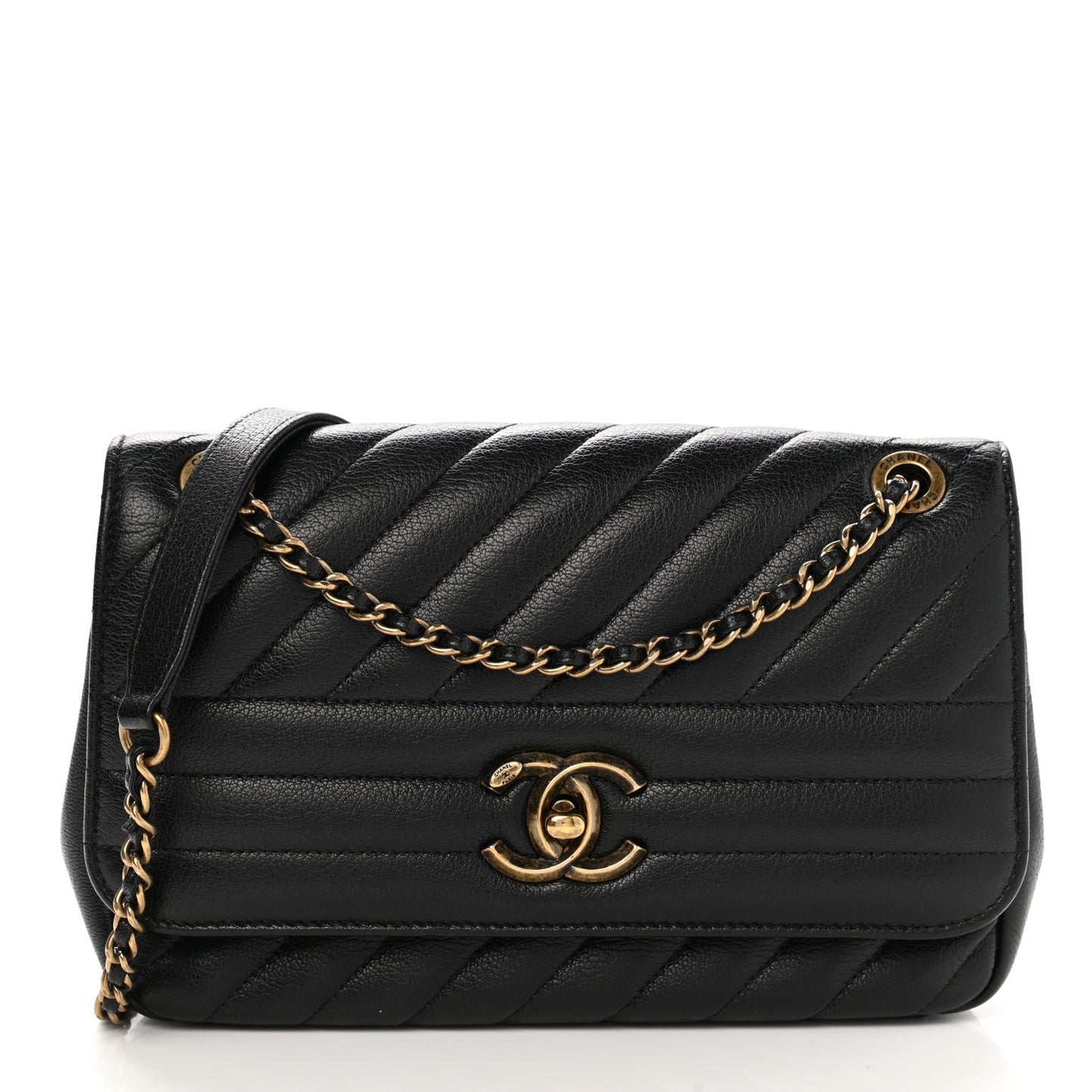 Shiny Goatskin Diagonal Quilted Small Flap Black