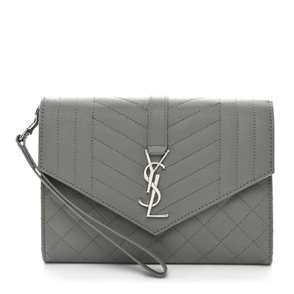 Saint Laurent Grain De Poudre Textured Mixed Matelasse Triquilt Monogram Clutch Storm 1 of 8