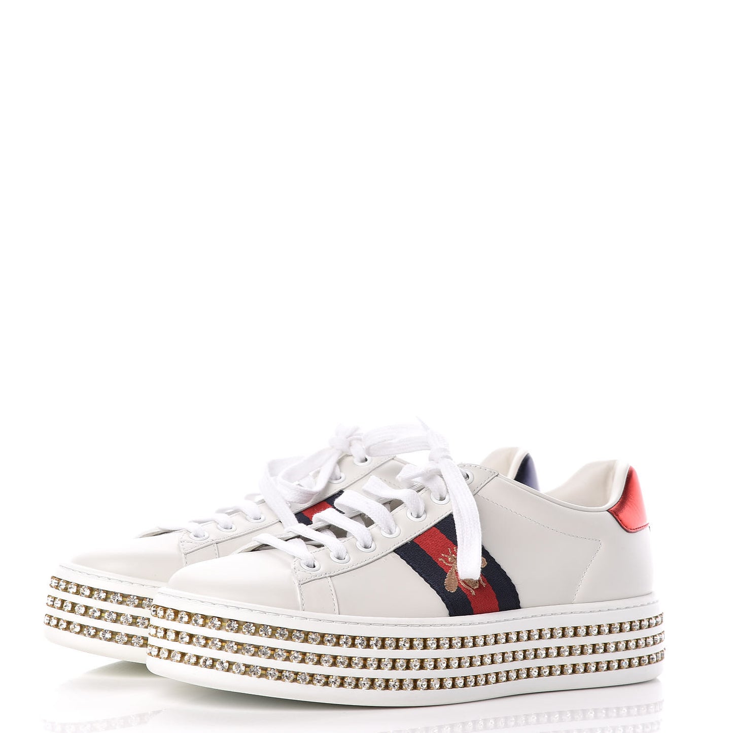 Calfskin Crystal Web Bee Embroidered Womens Ace Platform Sneakers 38 White