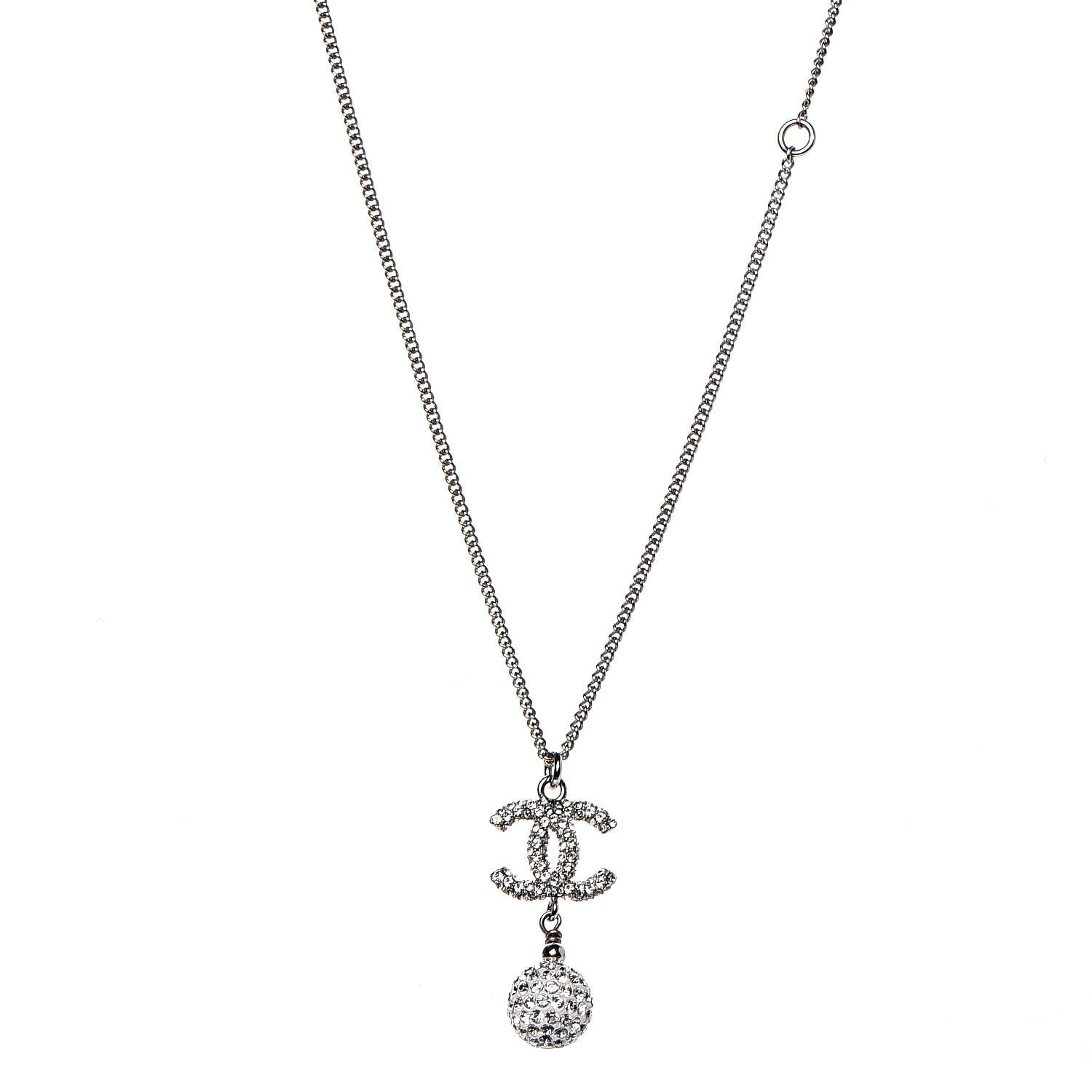 Chanel Crystal CC Ball Pendant Necklace Silver 1 of 5