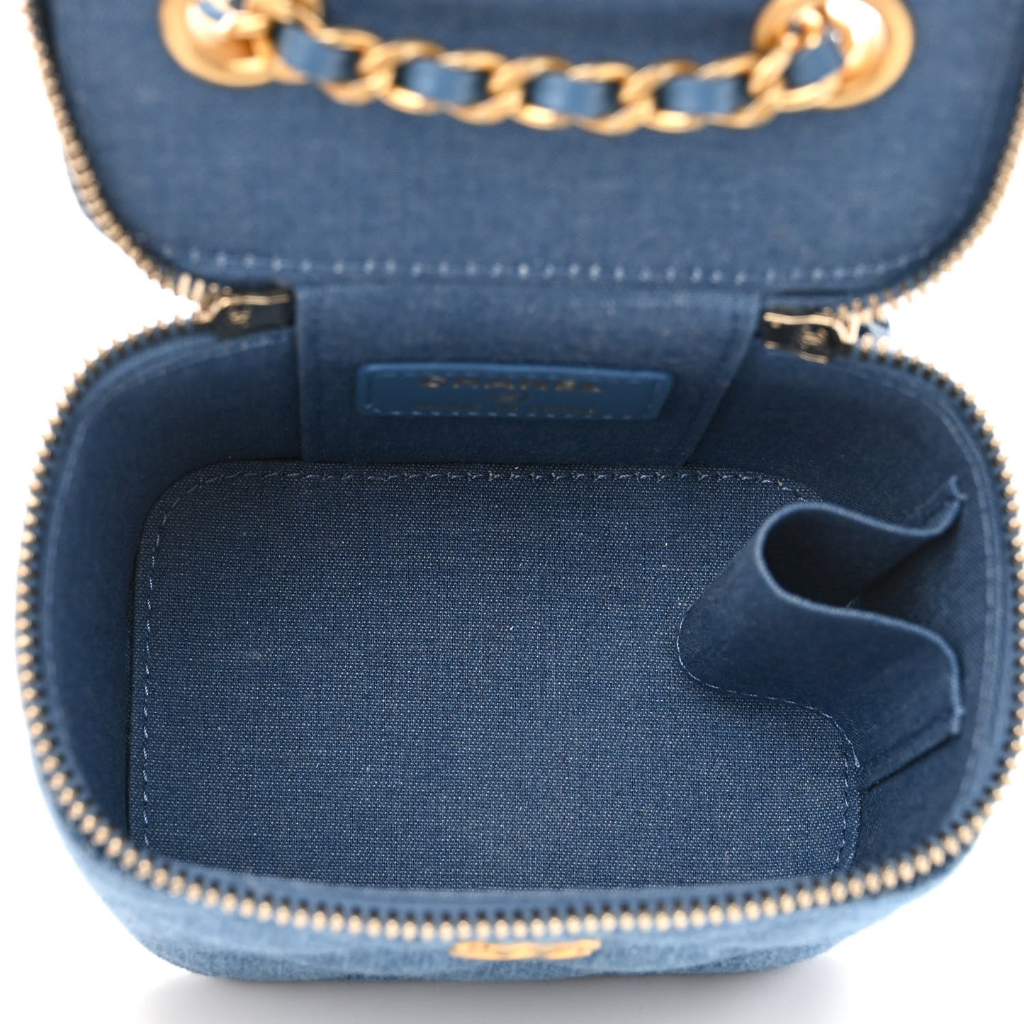 Denim Quilted Mini Pearl Crush Vanity Case With Chain