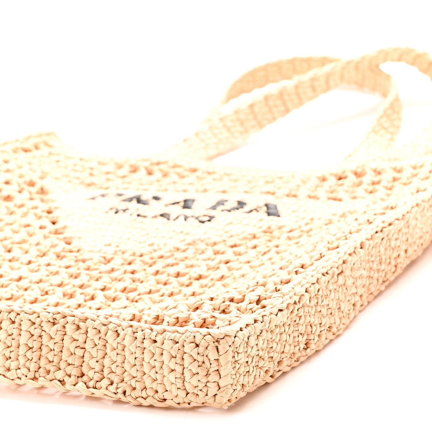 Prada Yarn Raffia Effect Crochet Logo Embroidered Tote Bag Naturale 9 of 9