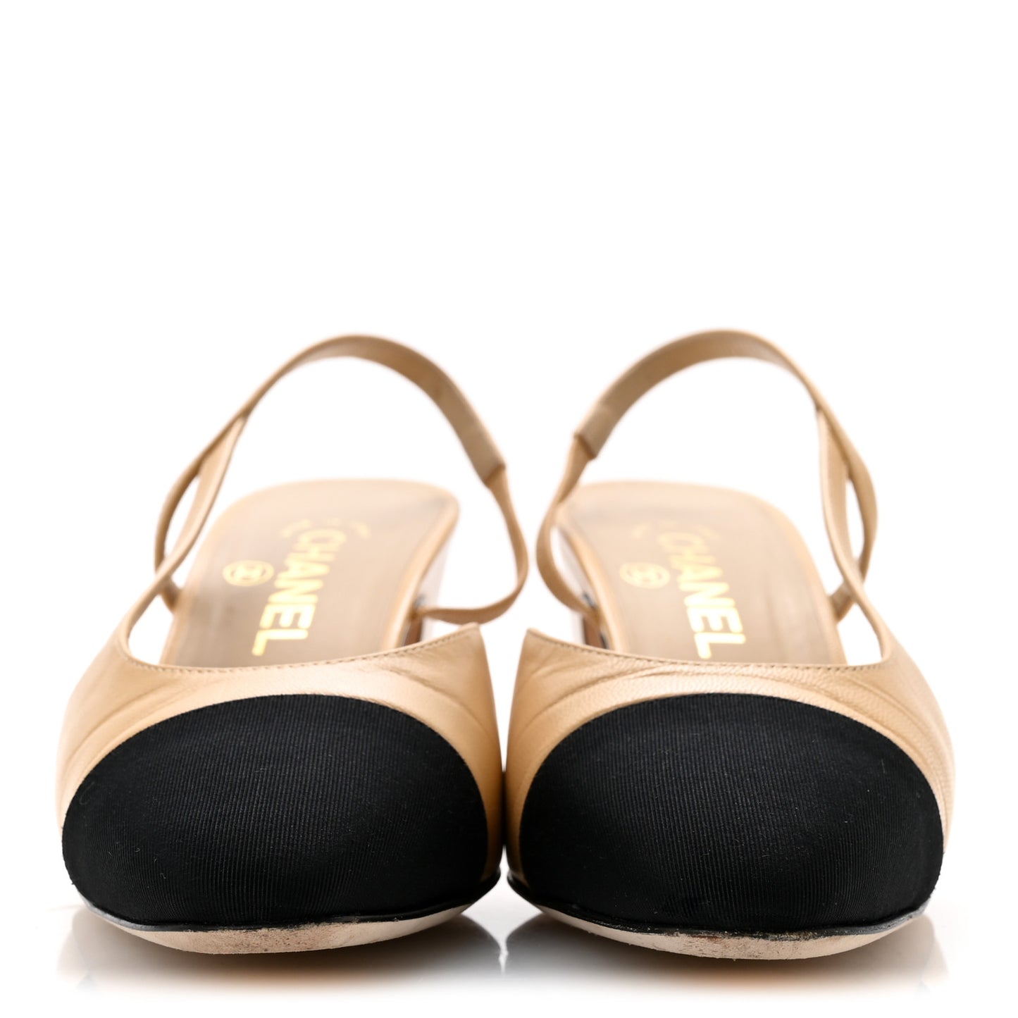 Goatskin Grosgrain Cap Toe CC Slingback Pumps 38 Beige Black