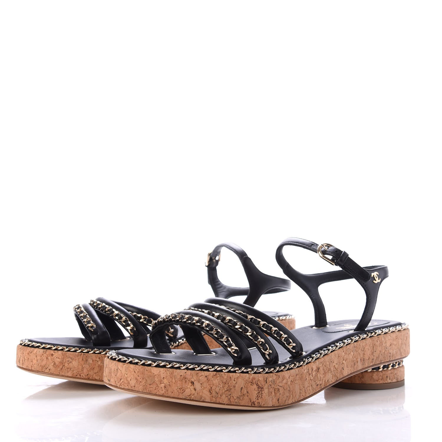 Chanel Lambskin Chain Cork Sandals 39 Black 3 of 9