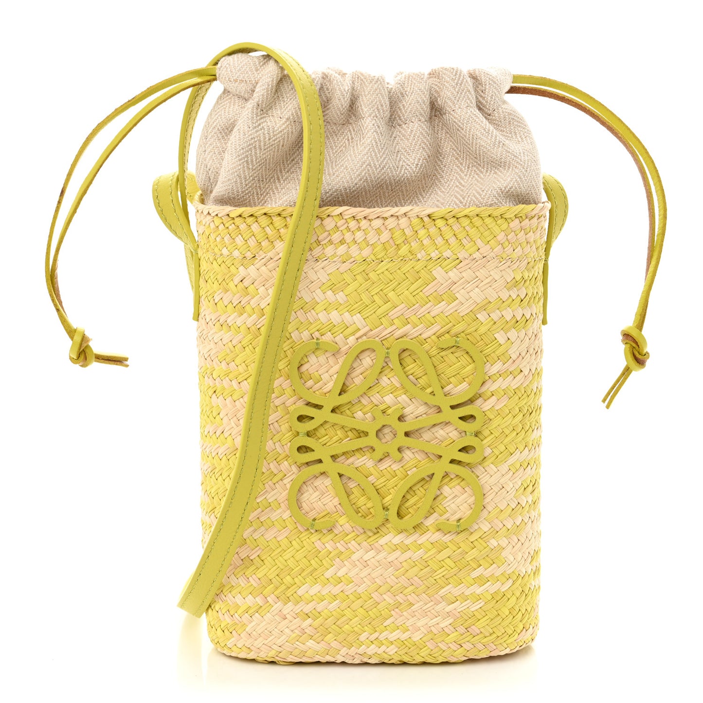 Iraca Palm Calfskin Anagram Square Pocket Bucket Bag Natural Kiwi