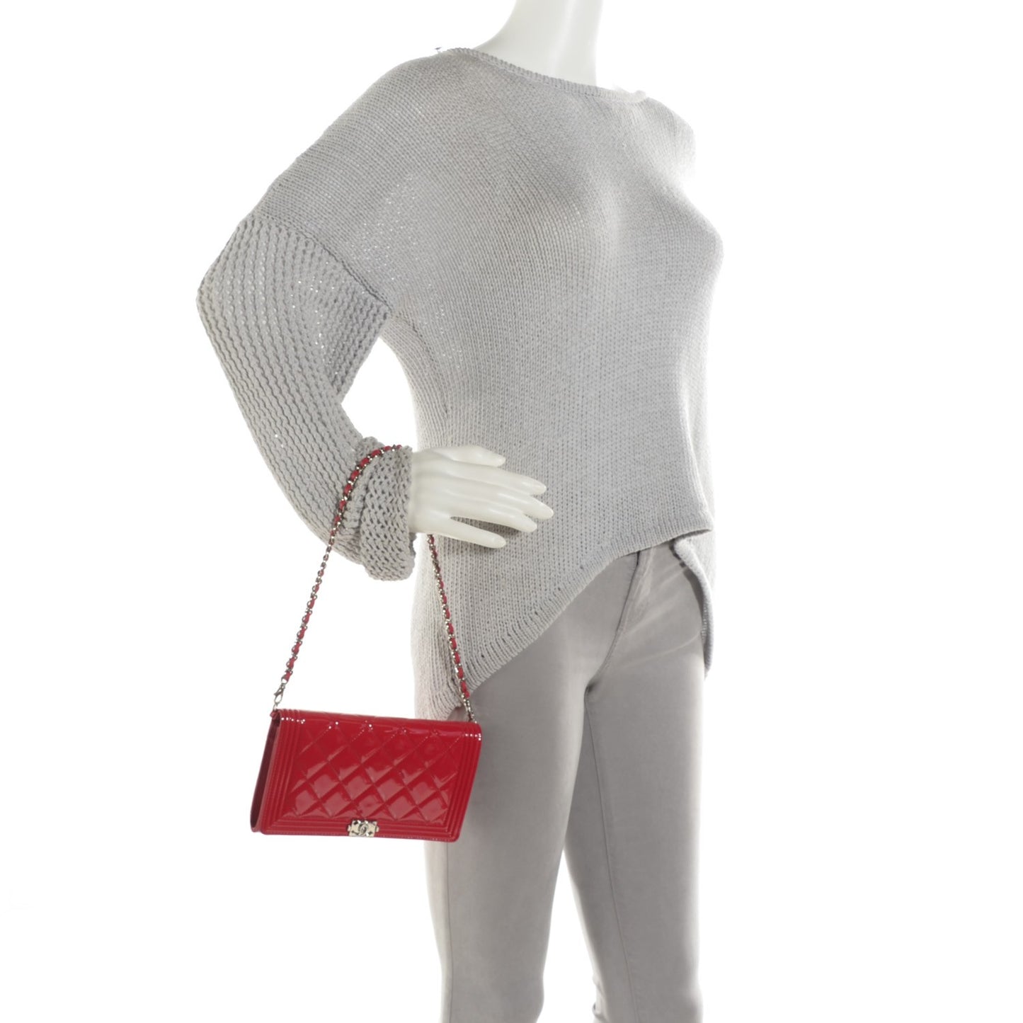 Patent Calfskin Quilted Boy Wallet on Removable Chain Red