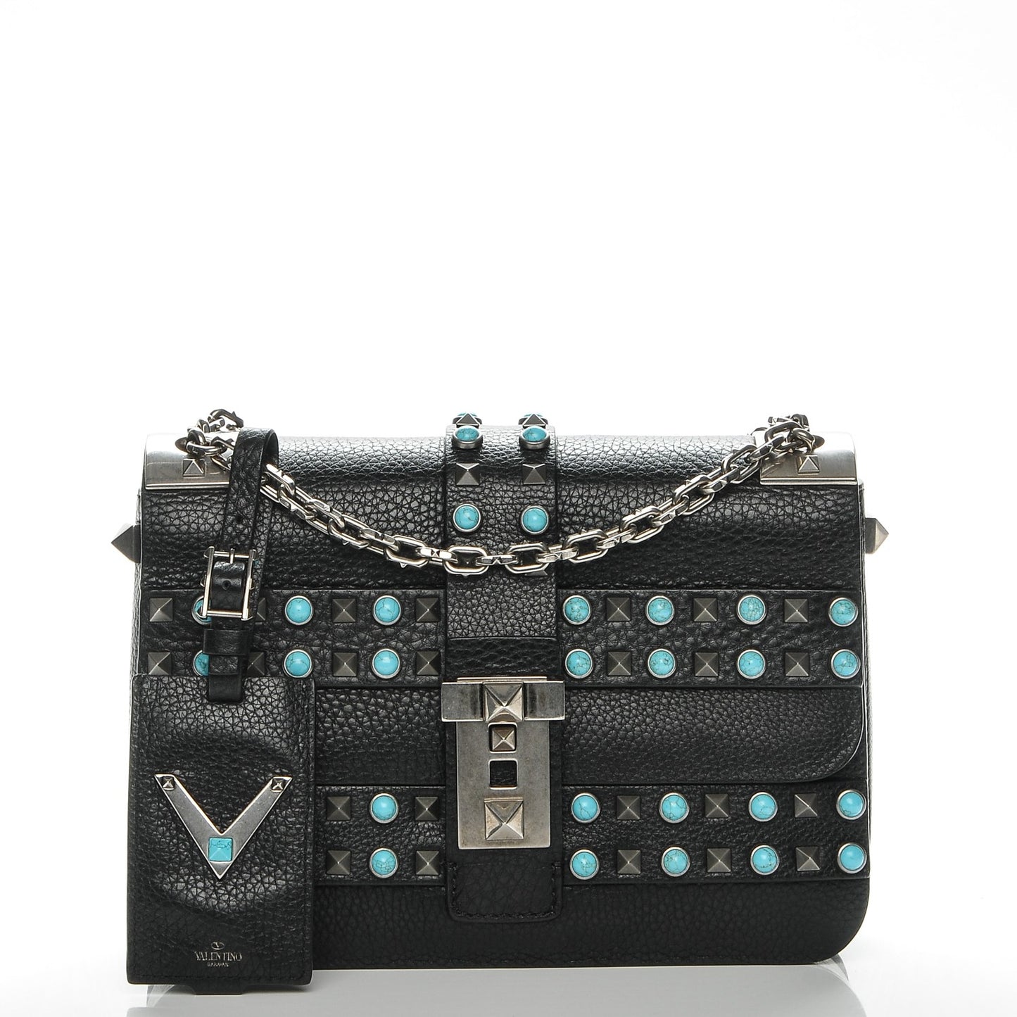 Pebbled Calfskin B-Rockstud Rolling Flap Black