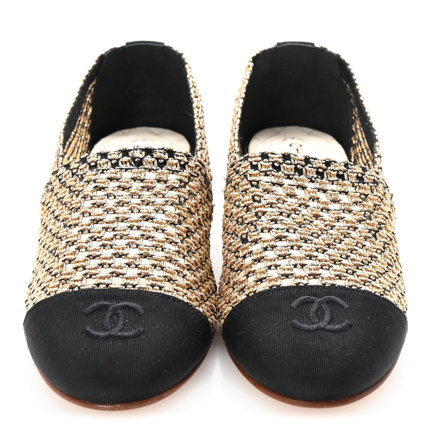 Chanel Knit Grosgrain Cap Toe CC Moccasin Loafers 36 Gold Black 3 of 9