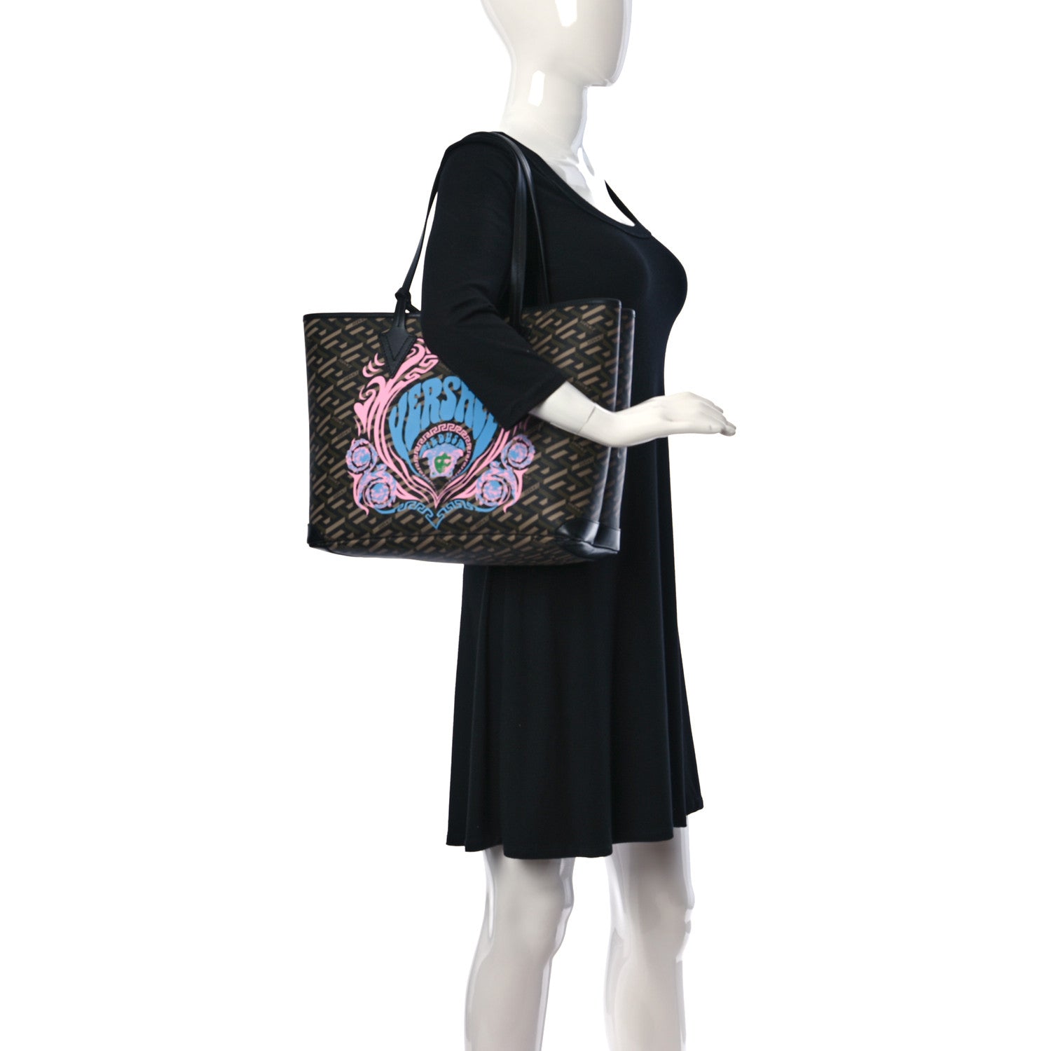 Versace Coated Canvas Calfskin La Greca Medusa Music Signature Shopper Tote Bag Black Khaki Multicolor 2 of 9
