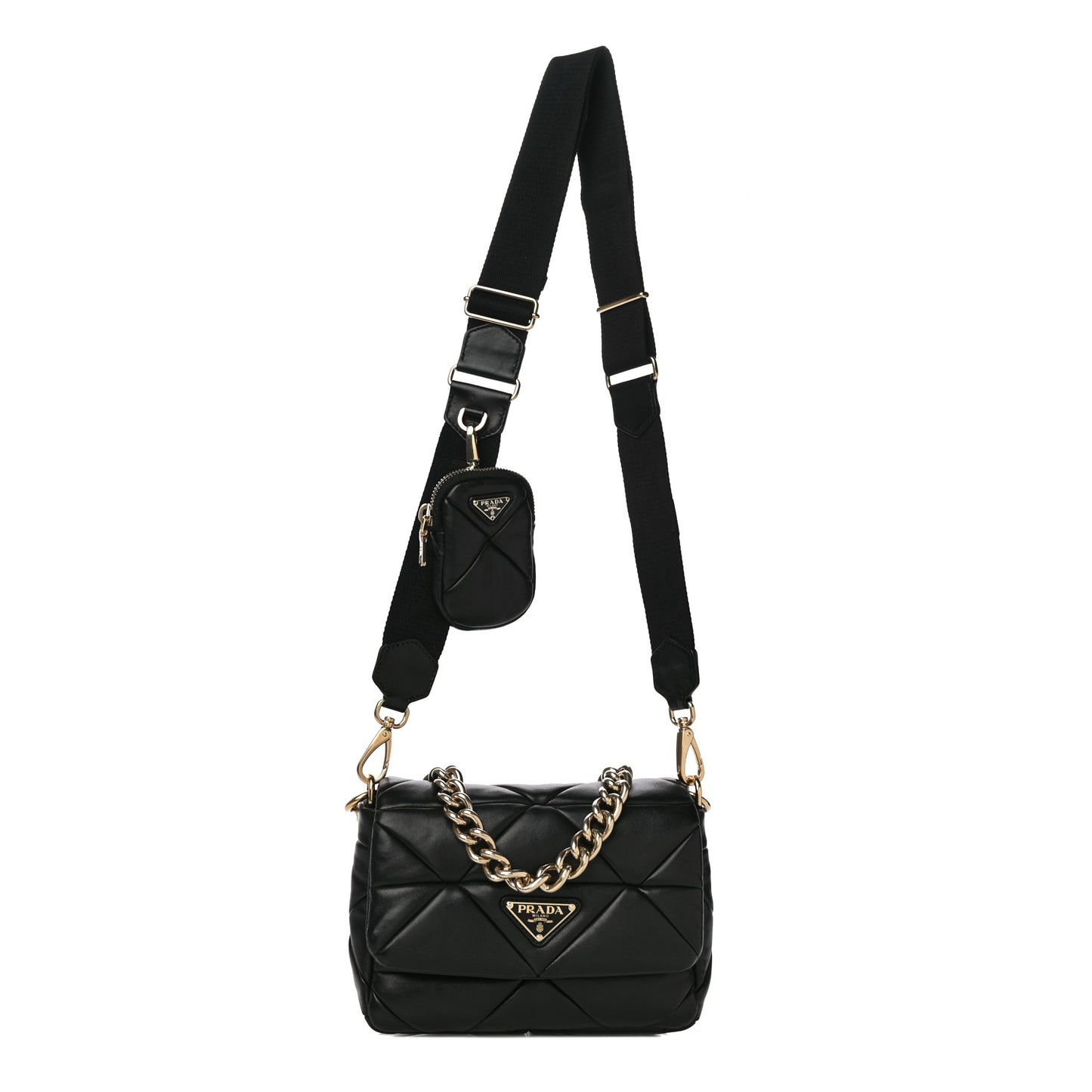 Nappa Re-Nylon Triangle Quilted Patchwork System Flap Shoulder Bag Black