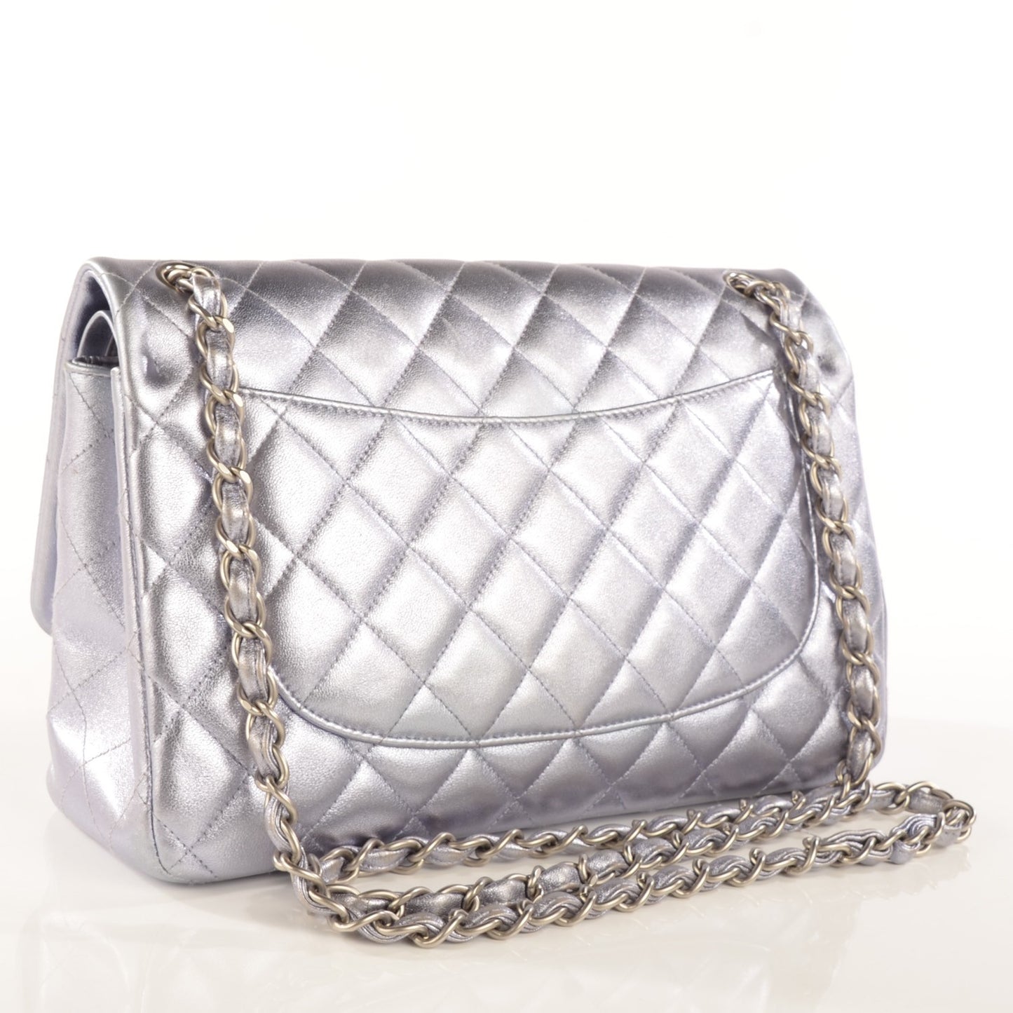 Metallic Lambskin Quilted Jumbo Double Flap Light Purple