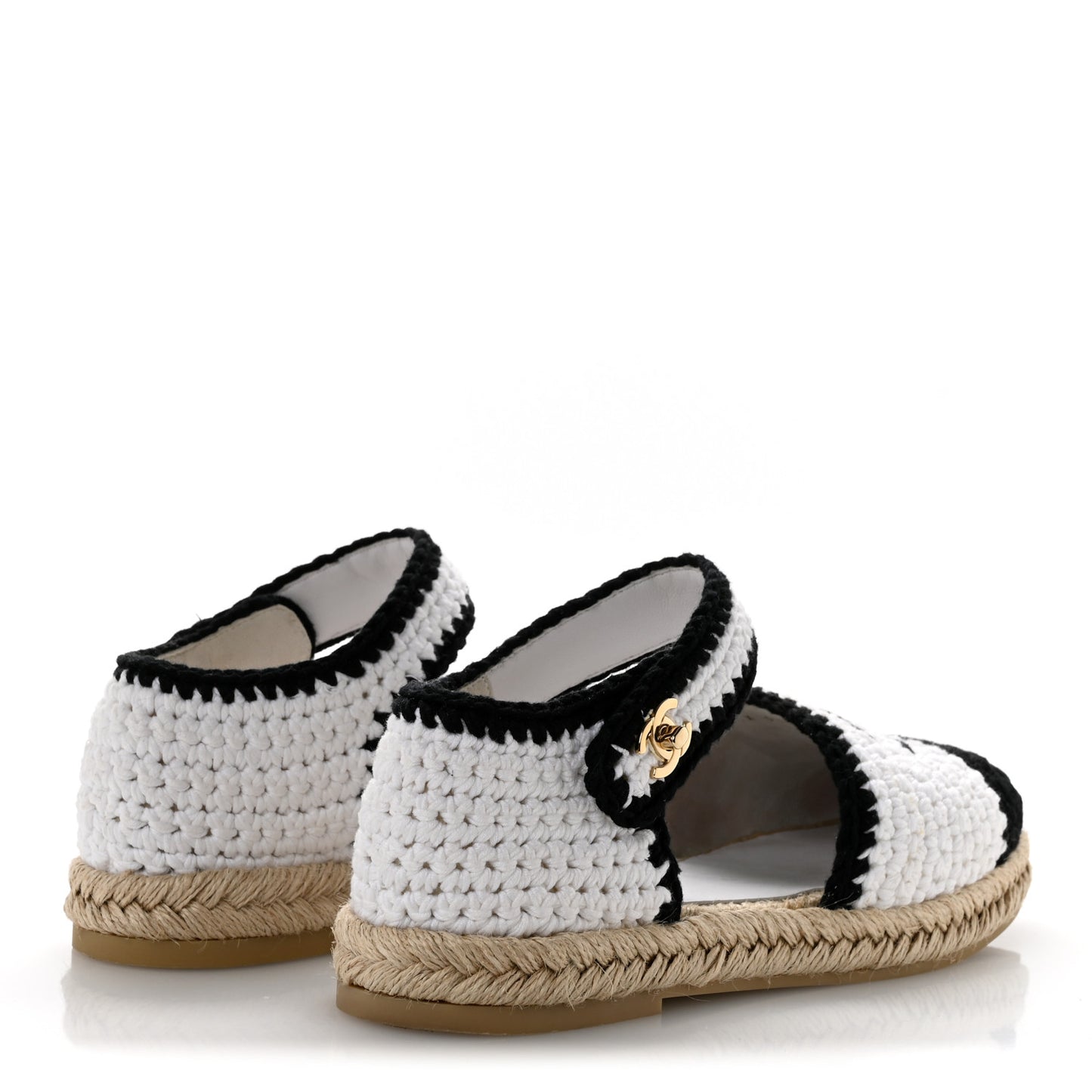 Braided Knit Cap Toe CC Ankle Strap Espadrilles 39 White Black
