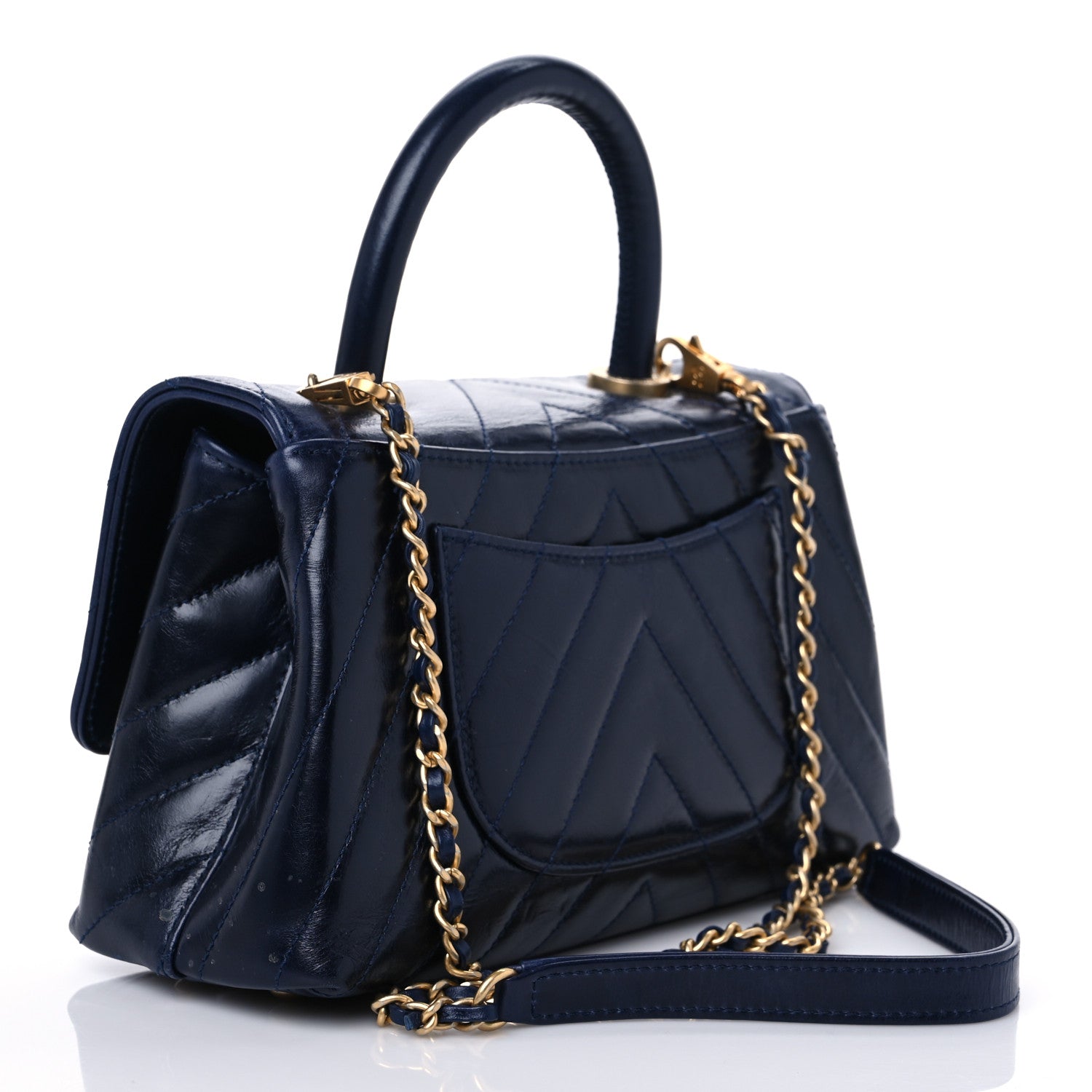 Chanel Aged Calfskin Chevron Quilted Small Coco Handle Flap Navy 2 of 9