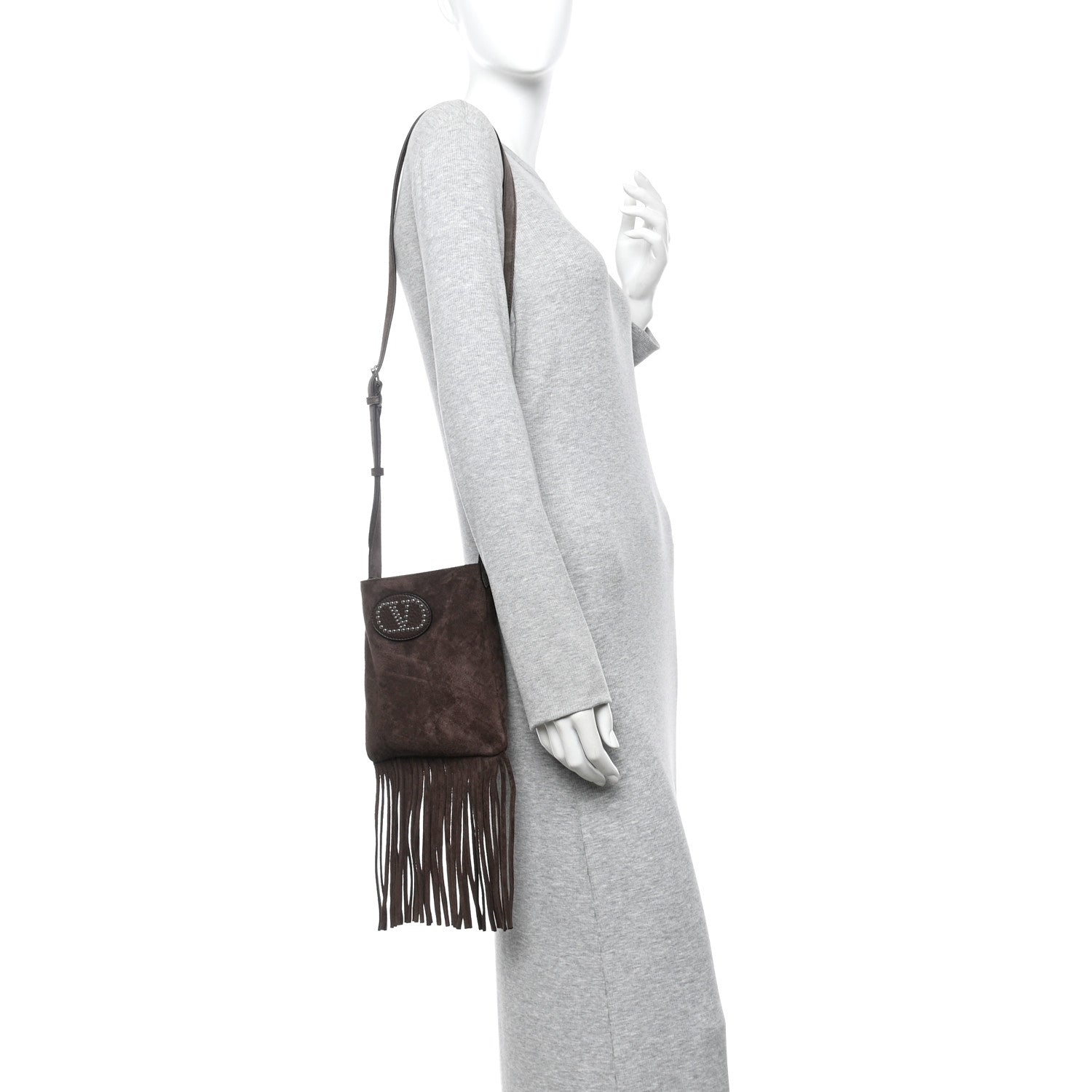 Valentino Garavani Suede Calfskin Studded Nellcote Fringe Crossbody Bag Brown 2 of 9
