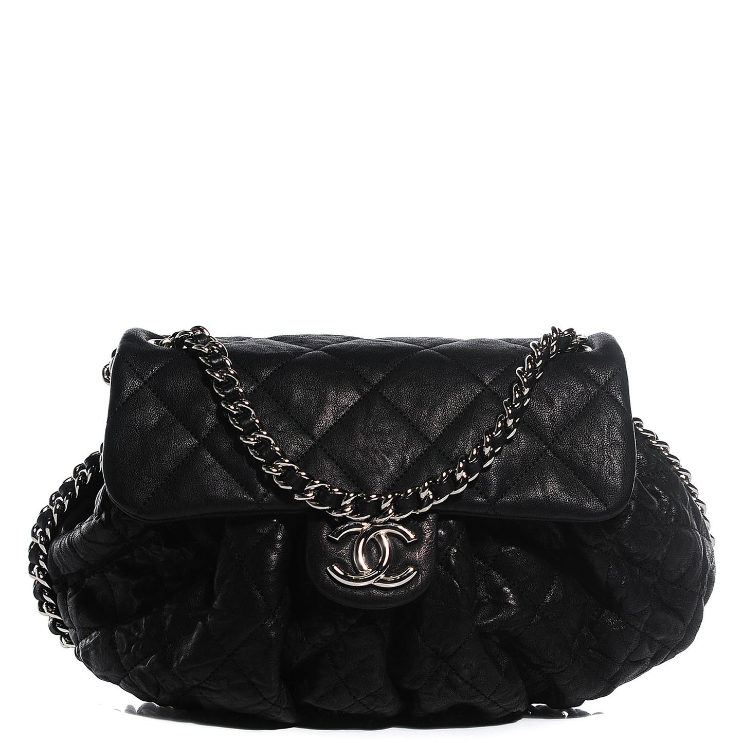 Washed Lambskin Quilted Medium Chain Around Messenger Black
