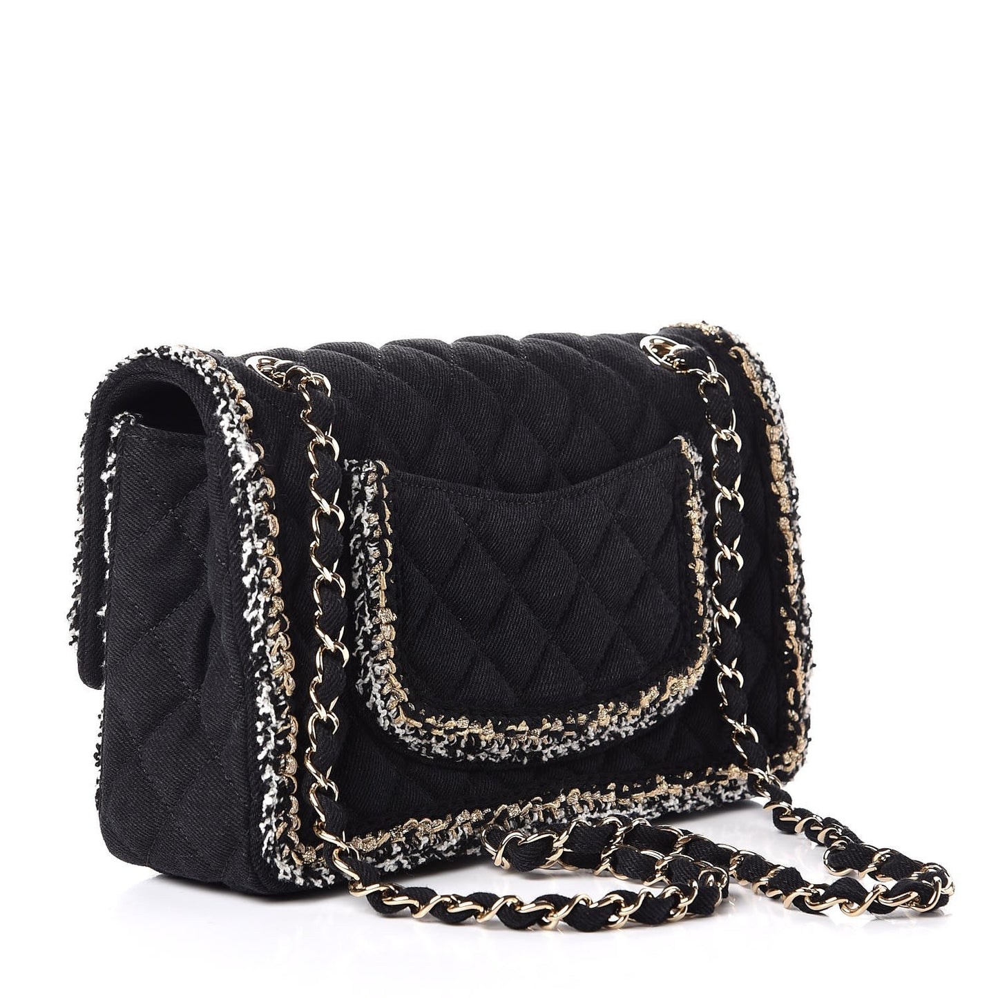 Denim Braided Medium Flap Bag Black