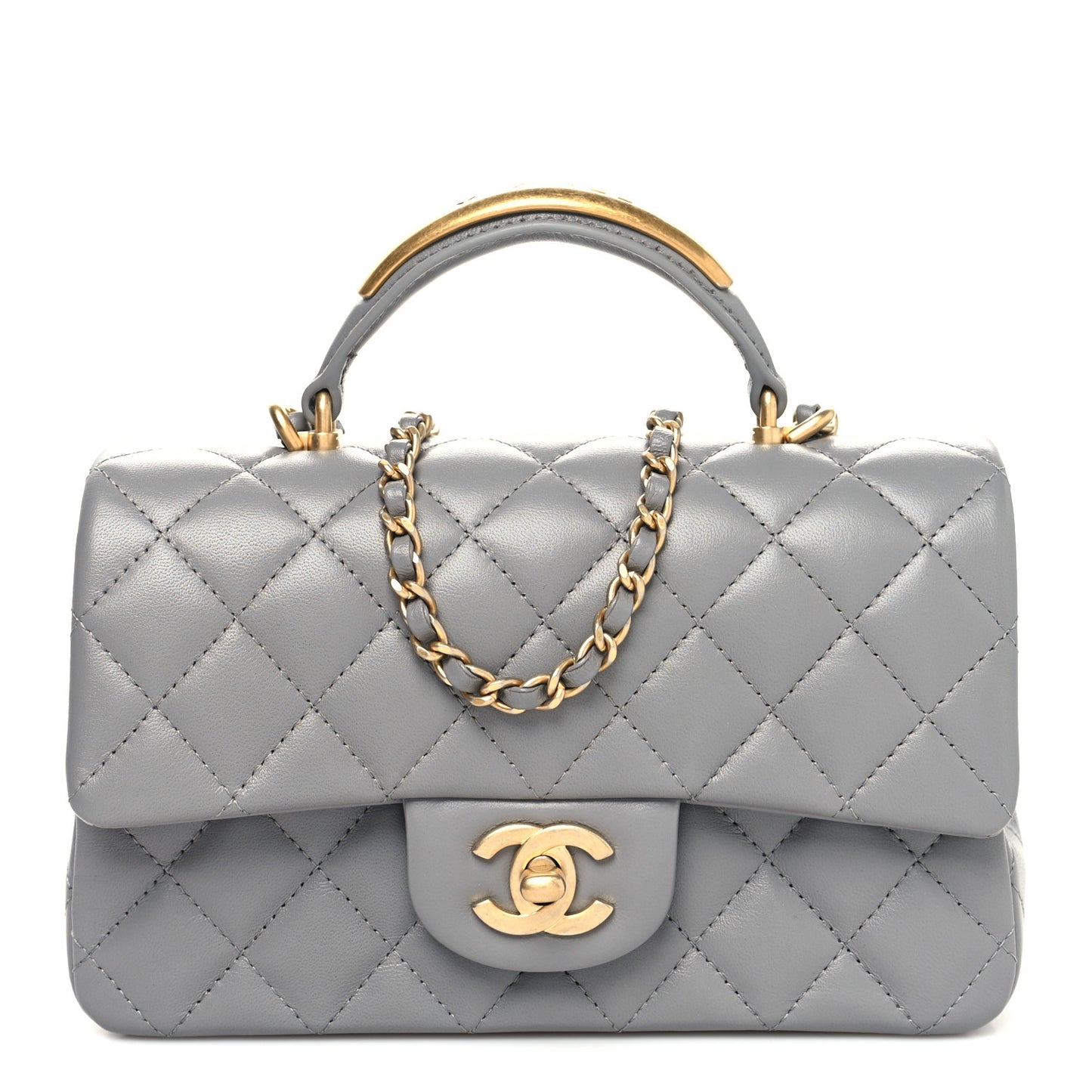 Lambskin Metal Quilted Mini Top Handle Rectangular Flap Grey