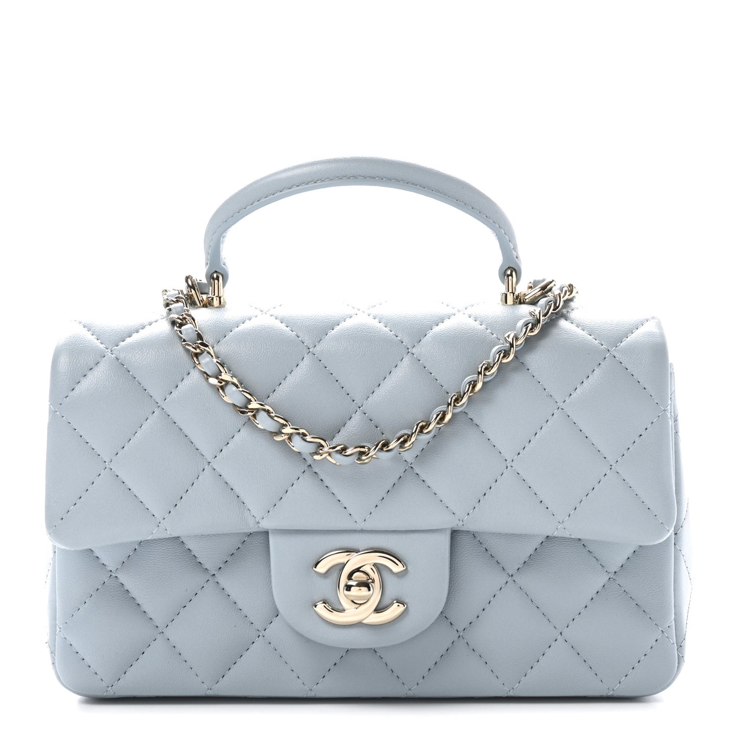 Lambskin Quilted Mini Top Handle Rectangular Flap Light Blue